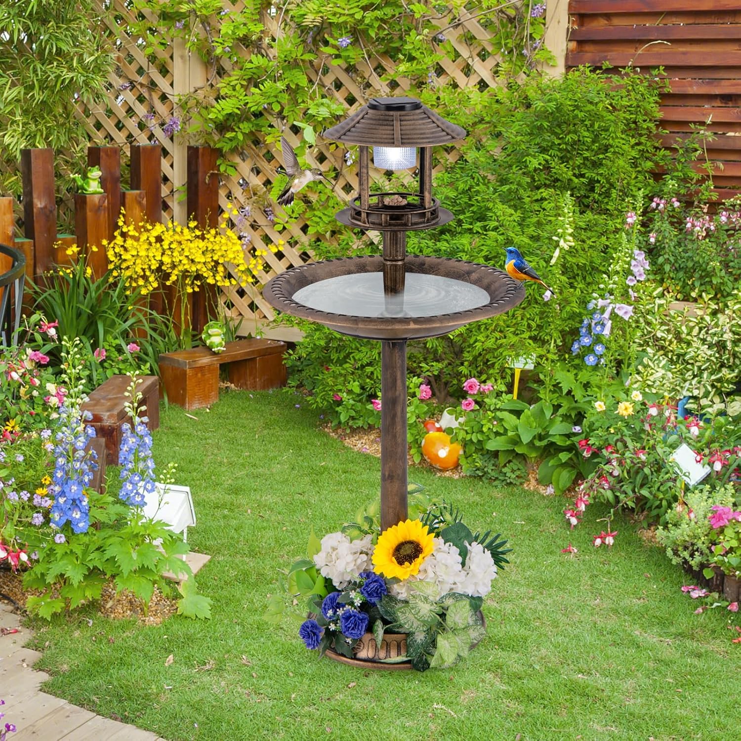 Giantex 42 inch Bird Bath Solar Lighted, Pedestal Bird Bath with Bird Feeder, Flower Planter Base, Solar Powered Lamp, 3 Ground Stakes, Standing Birdbath for Outside Garden Yard Outdoor (Bronze)