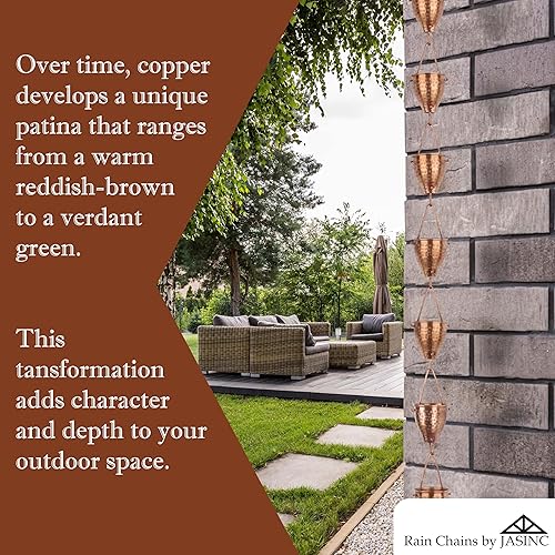 Miniatura 5 de Copas de cosquilleo de cobre puro de 8.5 pies, para reemplazar la canaleta de techo, con kit de instalación, colector de agua de lluviadesviador de