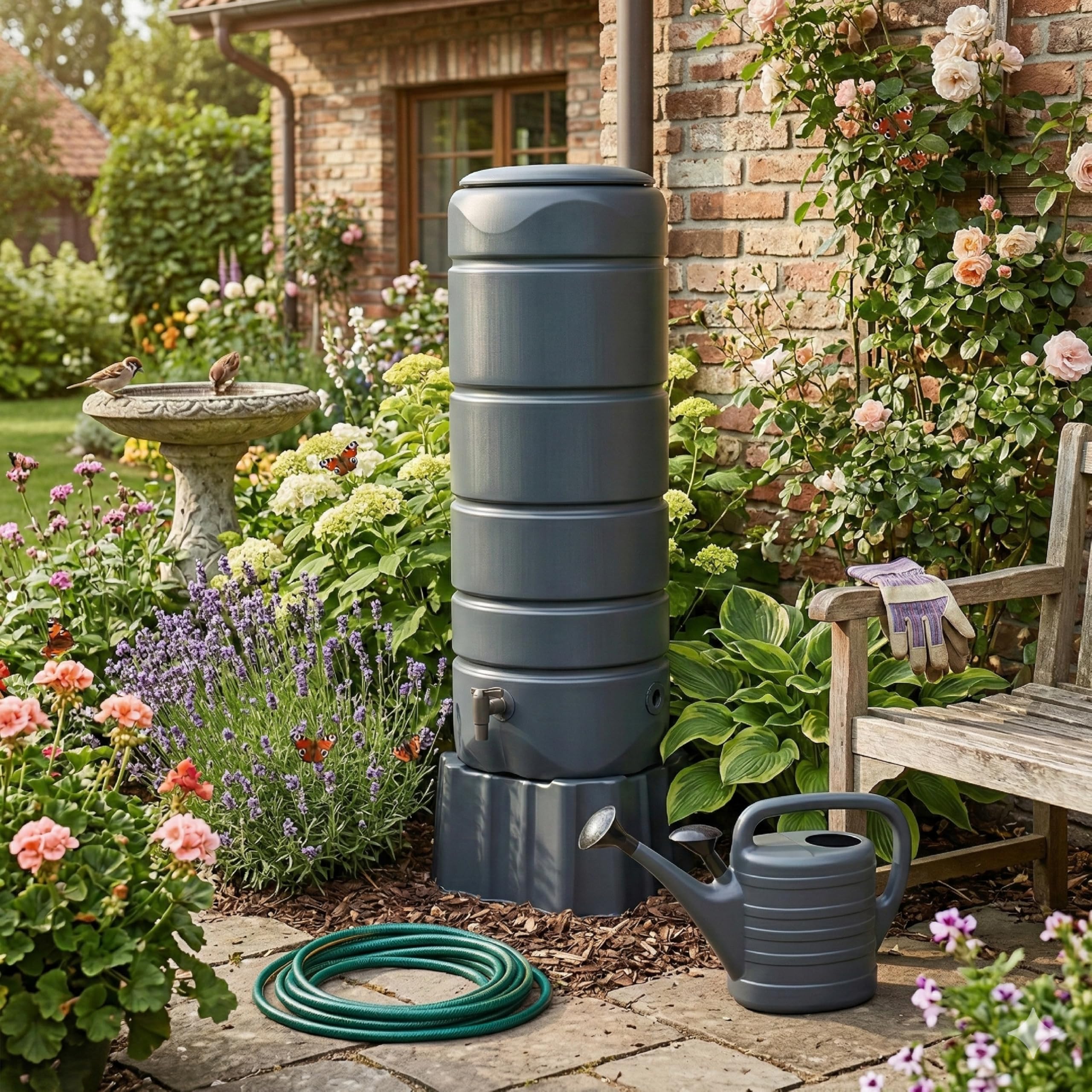 Prosperplast Regentonne Vuelta Set 110L anthrazit 39,6 x 39,6 x 130,5 cm inkl. Sockel & Kunststoffhahn – Regentank aus Kunststoff für Balkon & Terrasse, platzsparend, wetterfest