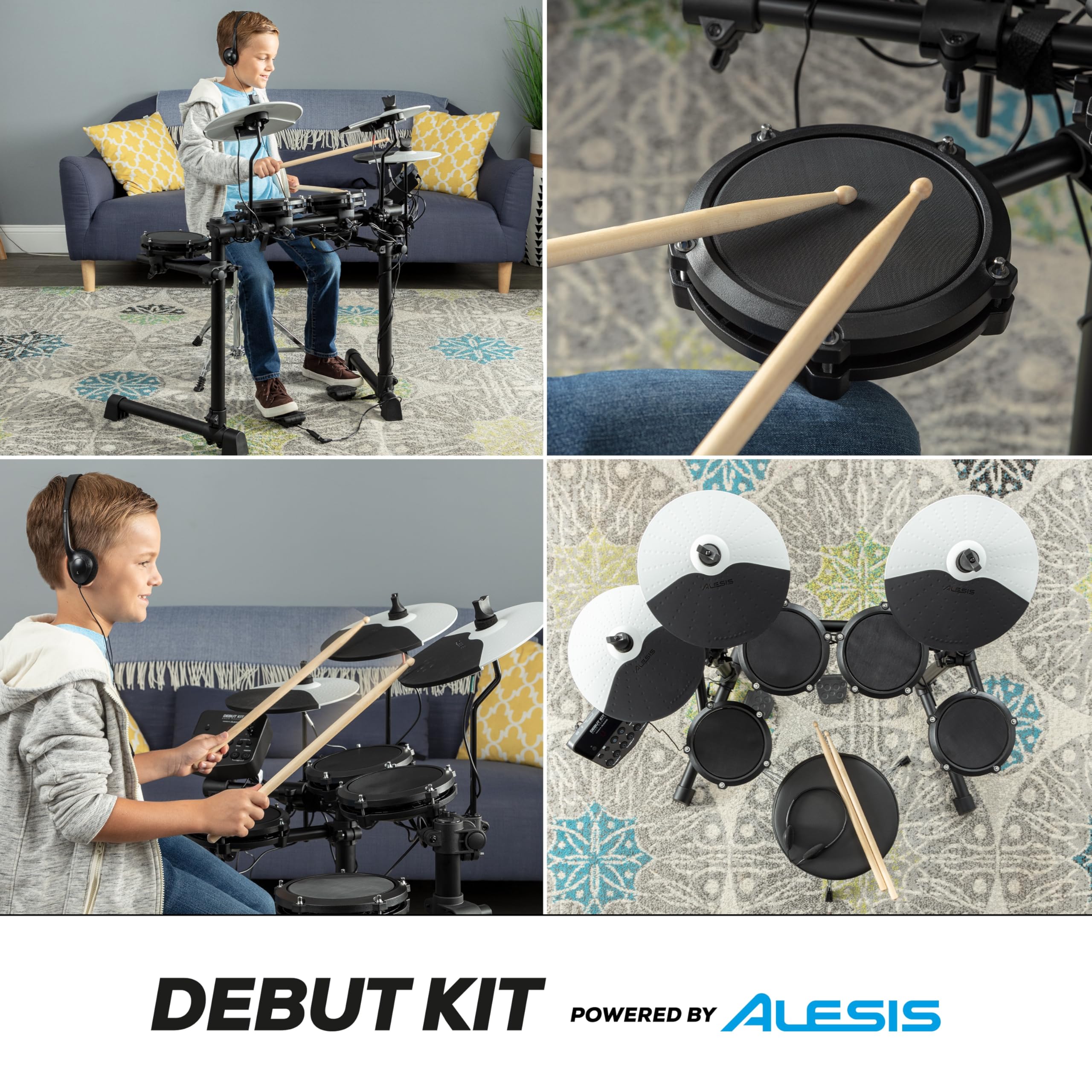 Alesis Debut Kit - Batería electrónica infantil con 4 parches de malla, 120 sonidos, 100 lecciones, taburete, baquetas, llave de batería y auriculares