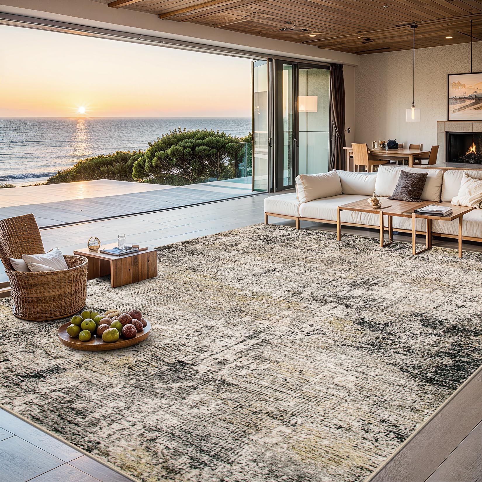 6x9 Area Rugs for Living Room - Washable Rug Modern Abstract Soft Large Neutral Non-Slip Carpet Indoor Floor Thin Carpets for Bedroom Dining Room Farmhouse Nursery Home Office Brown Black Grey