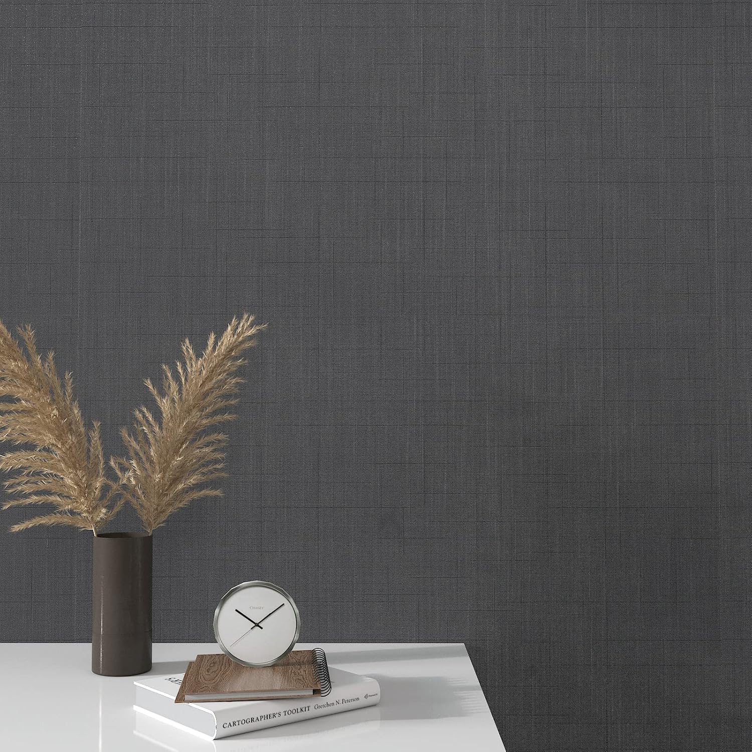 LACHEERY 24"x160" Thick Gunmetal Grey Fabric Wallpaper Peel and Stick Textured Wallpaper Stick and Peel Grass Cloth Wallpaper Roll Removable Contact Paper Waterproof for Bedroom Bathroom Wall Cover