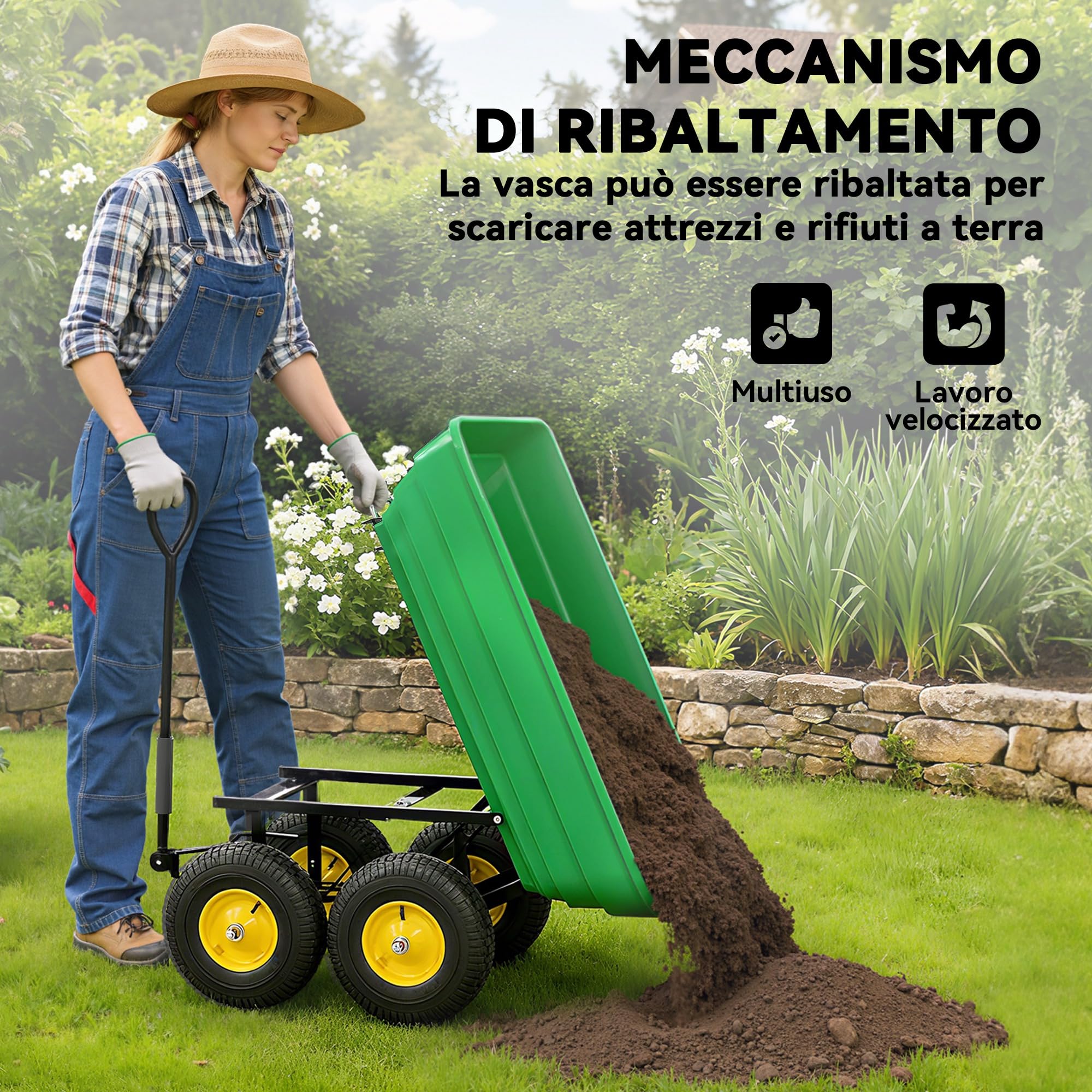 Outsunny Carrello da Giardino 75L in Acciaio e PP con Vasca ribaltabile e Maniglia da Trasporto, 109x52x94 cm, Verde Scuro