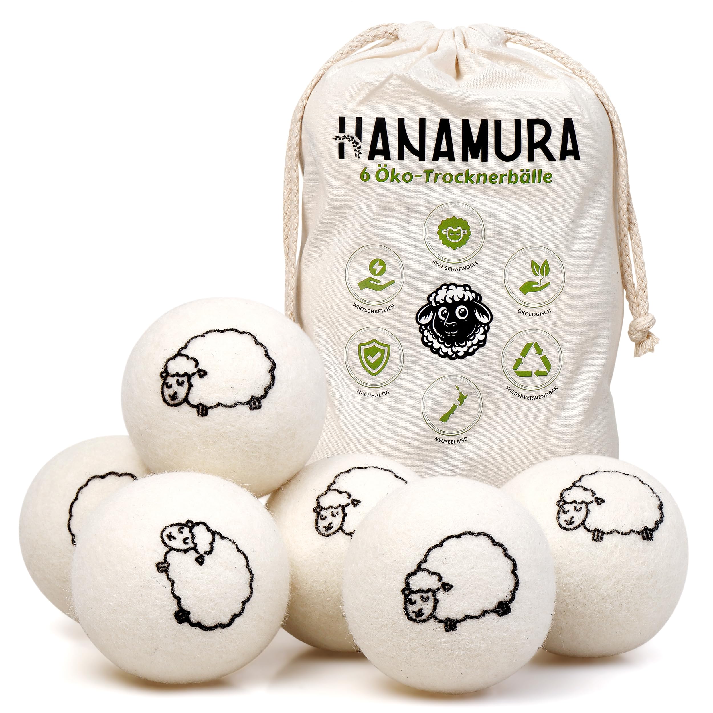 Hanamura Trocknerbälle für Wäschetrockner - 6er-Satz aus 100% neuseeländischer Schafwolle, XXL ökologische trocknerbälle daunen - Weichspüler für Weiche & Flauschige Wasche - Mit Aufbewahrungstasche