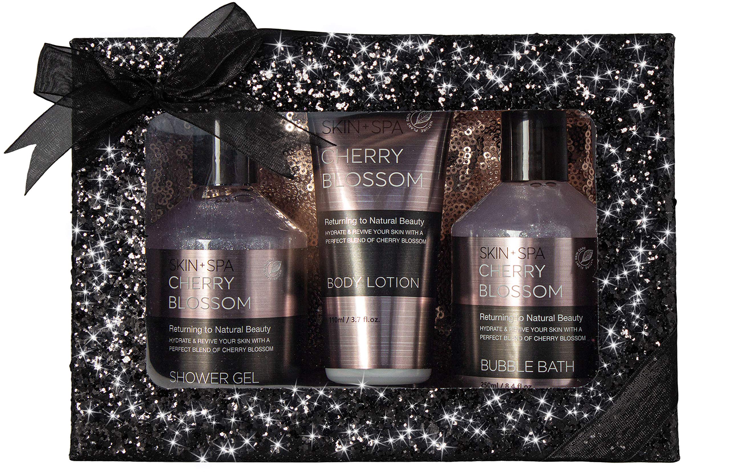 BRUBAKERBeautyset Cherry Blossom Skin + Spa - 4 Pcs. Bath and Shower Set in Glitter Gift Box Black + Sparkling Cosmetic Bag