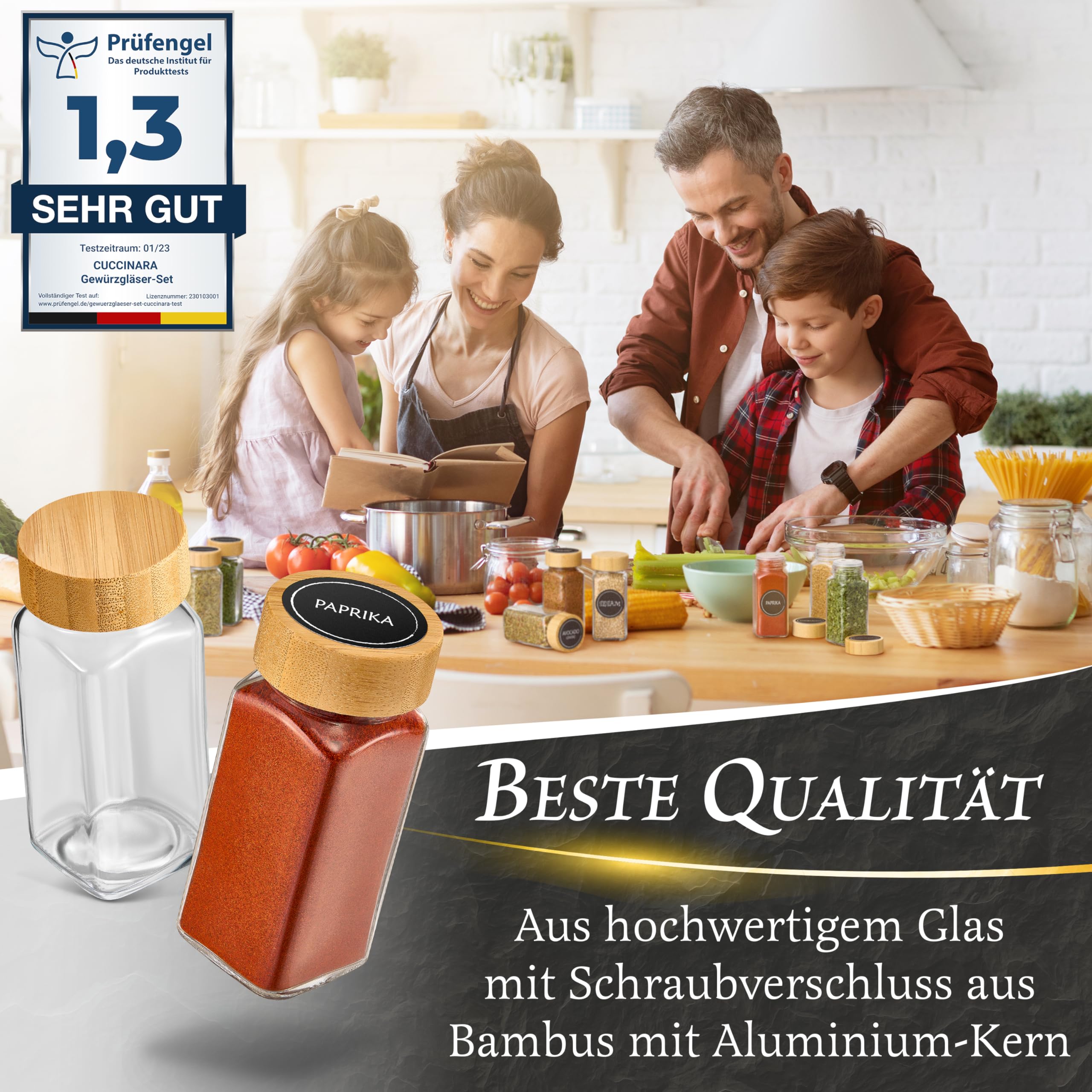 Lot de 24 pots à épices carrés de 120 ml avec 210 étiquettes, couvercle en bambou et inserts à saupoudrer (gros et fins) – Boîtes à épices hermétiques avec entonnoir, marqueur permanent et