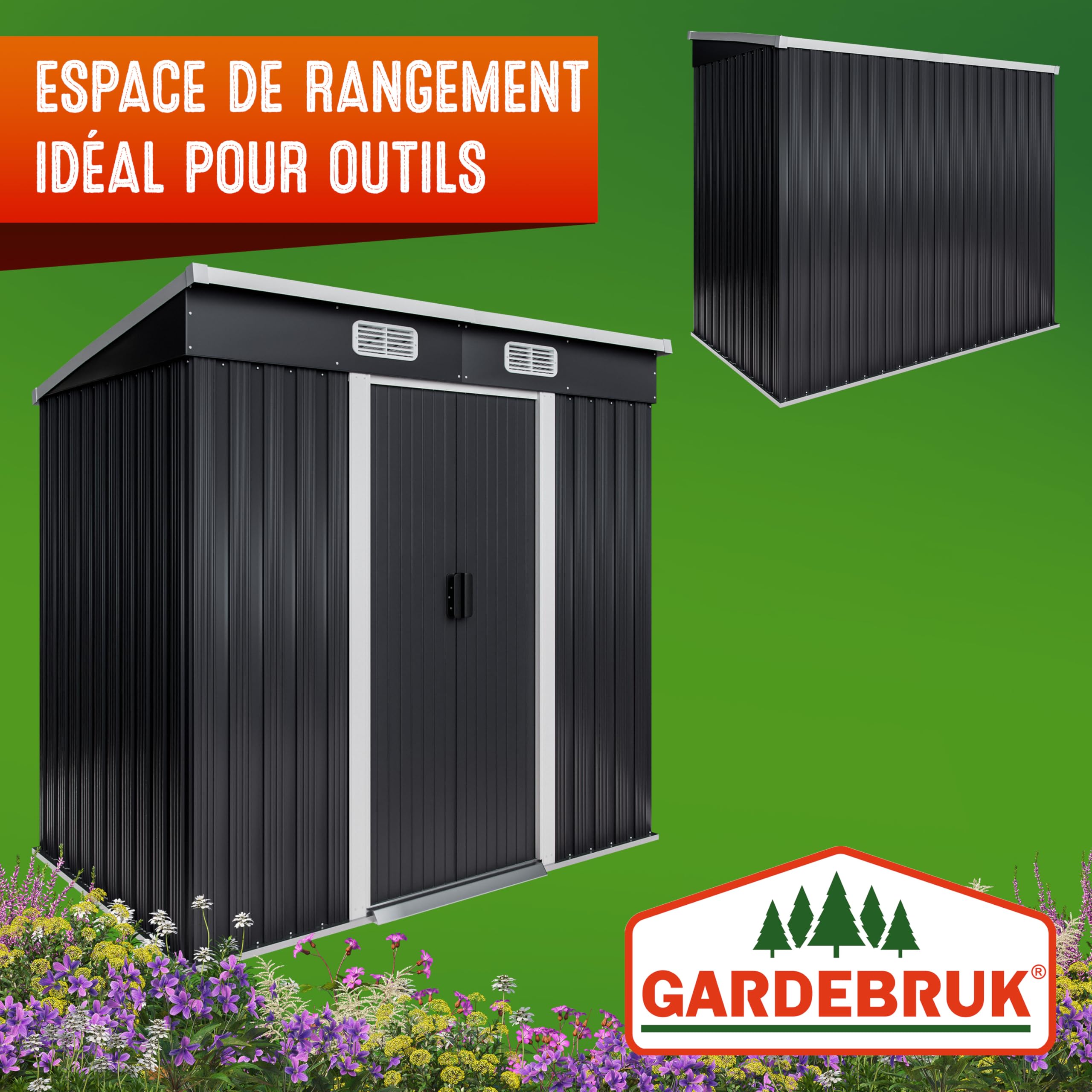 GARDEBRUK® Abri de Jardin métal L 2m² Fondation 200x125x185cm Porte coulissante Anthracite cabane de Jardin cabanon Rangement Outils 3,4m³