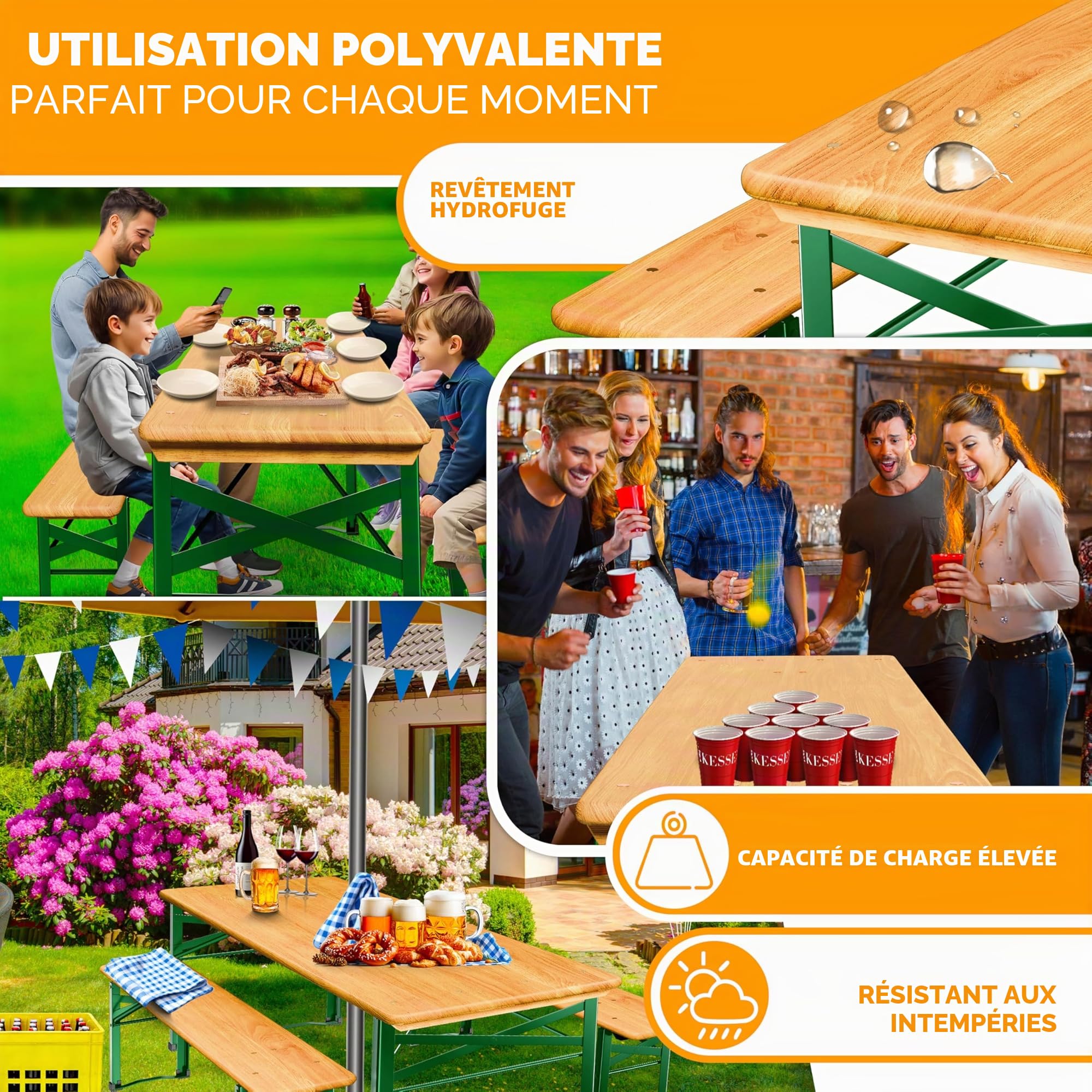 KESSER® Ensemble Table et bancs de Brasserie Set de Meubles de Jardin 3 pièces | Pliable 170 x 46 x 75 cm | 2X bancs de Brasserie 1x Table de Brasserie | Haute