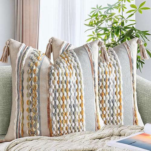 Vista 26 de AmHoo Juego de 2 fundas de almohada con textura de chenilla rayadas estilo boho con borlas, funda decorativa tejida para almohada para sofá, cama