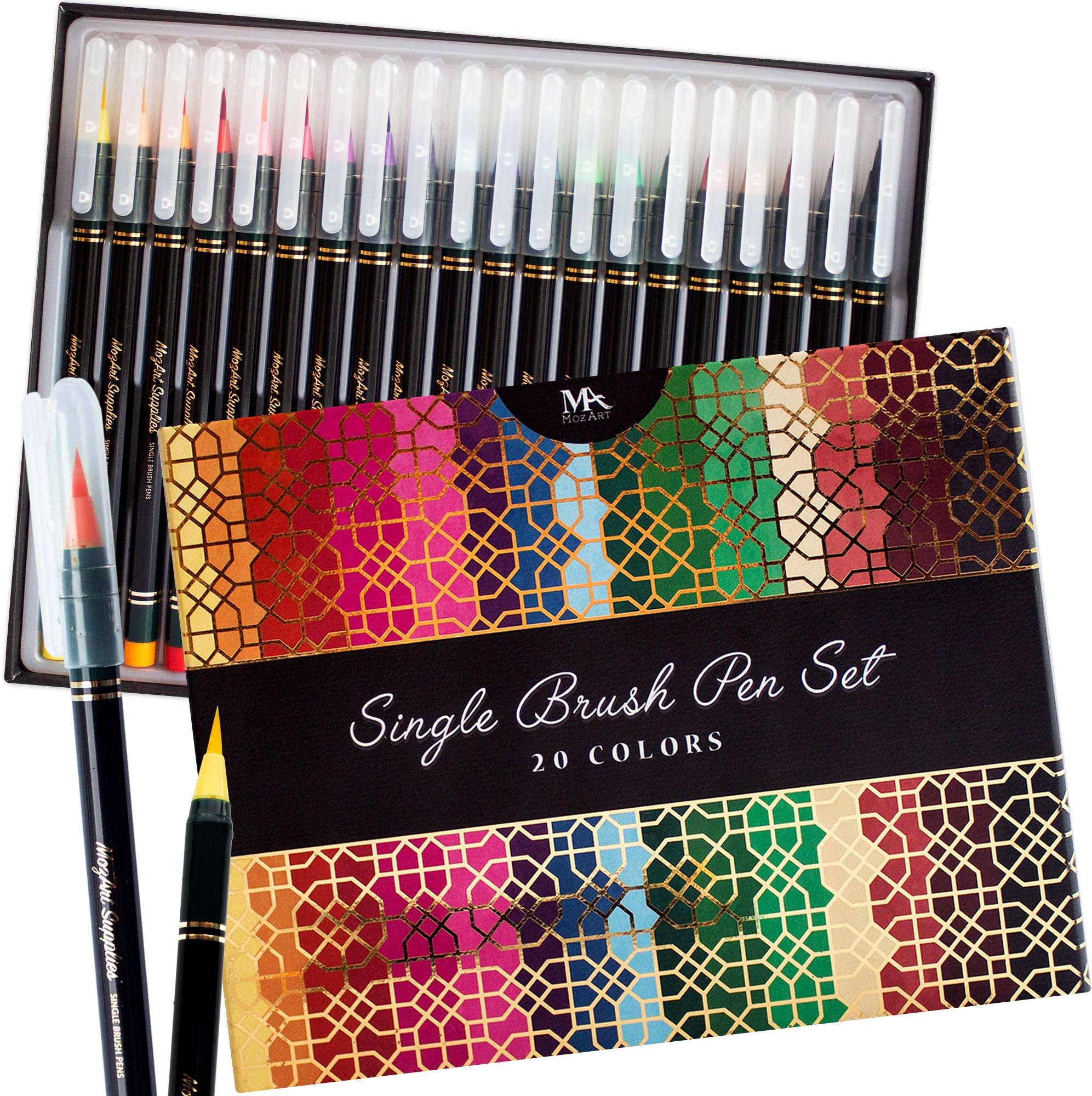 Luxury Single Brush Pen Gift Set– 20 Premium Colours, Soft, Flexible Real Brush Tips- Water Based Ink for Watercolour Effects - Ideal for Artists, Students and Calligraphers - MozArt Supplies