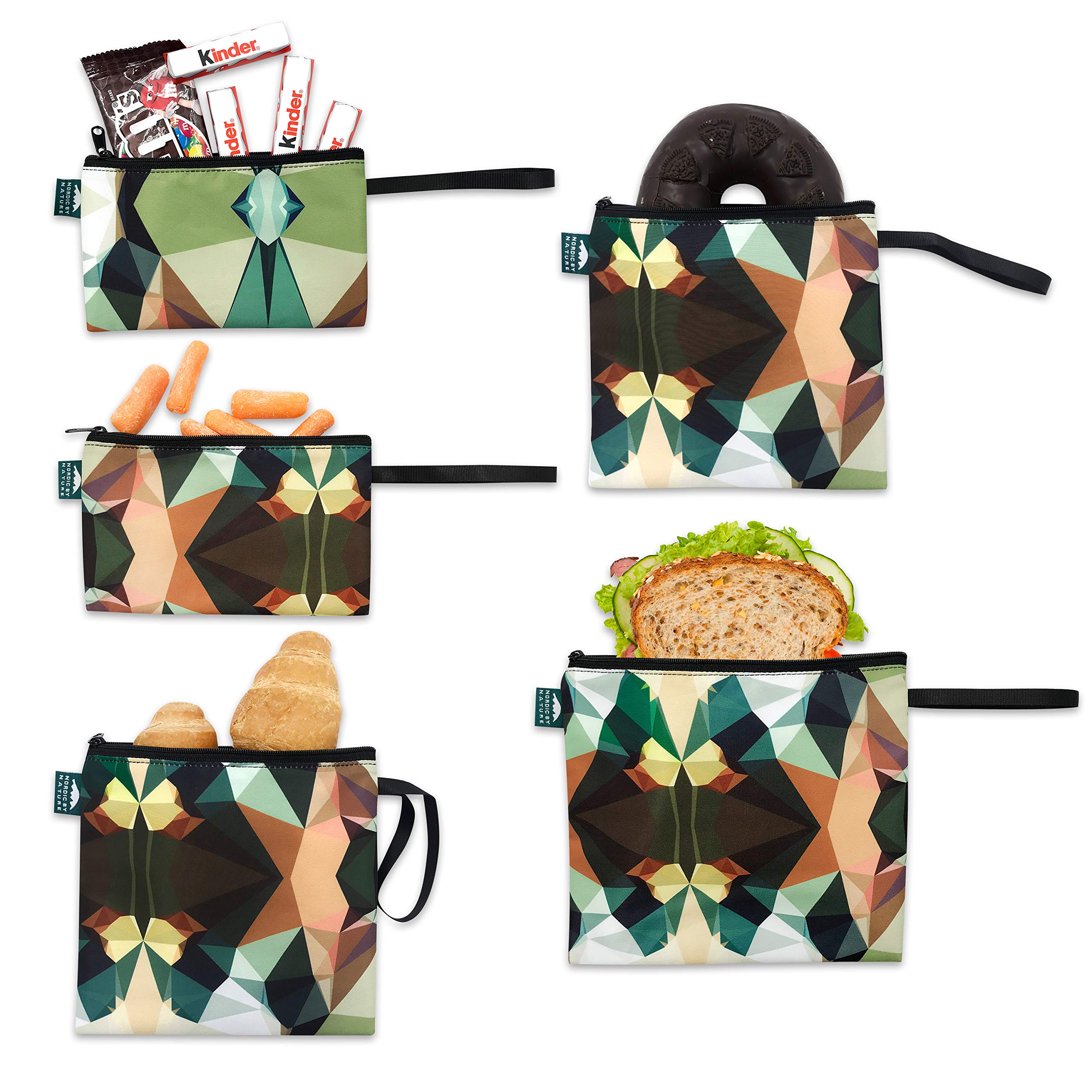 Nordic By Nature Reusable Sandwich Bag Snack Bags - Value Pack of 5 Dual Layer Lunch Baggies - Dishwasher Safe - Eco Friendly Cloth Wraps - Easy Open Zipper (Mosaic Camo)
