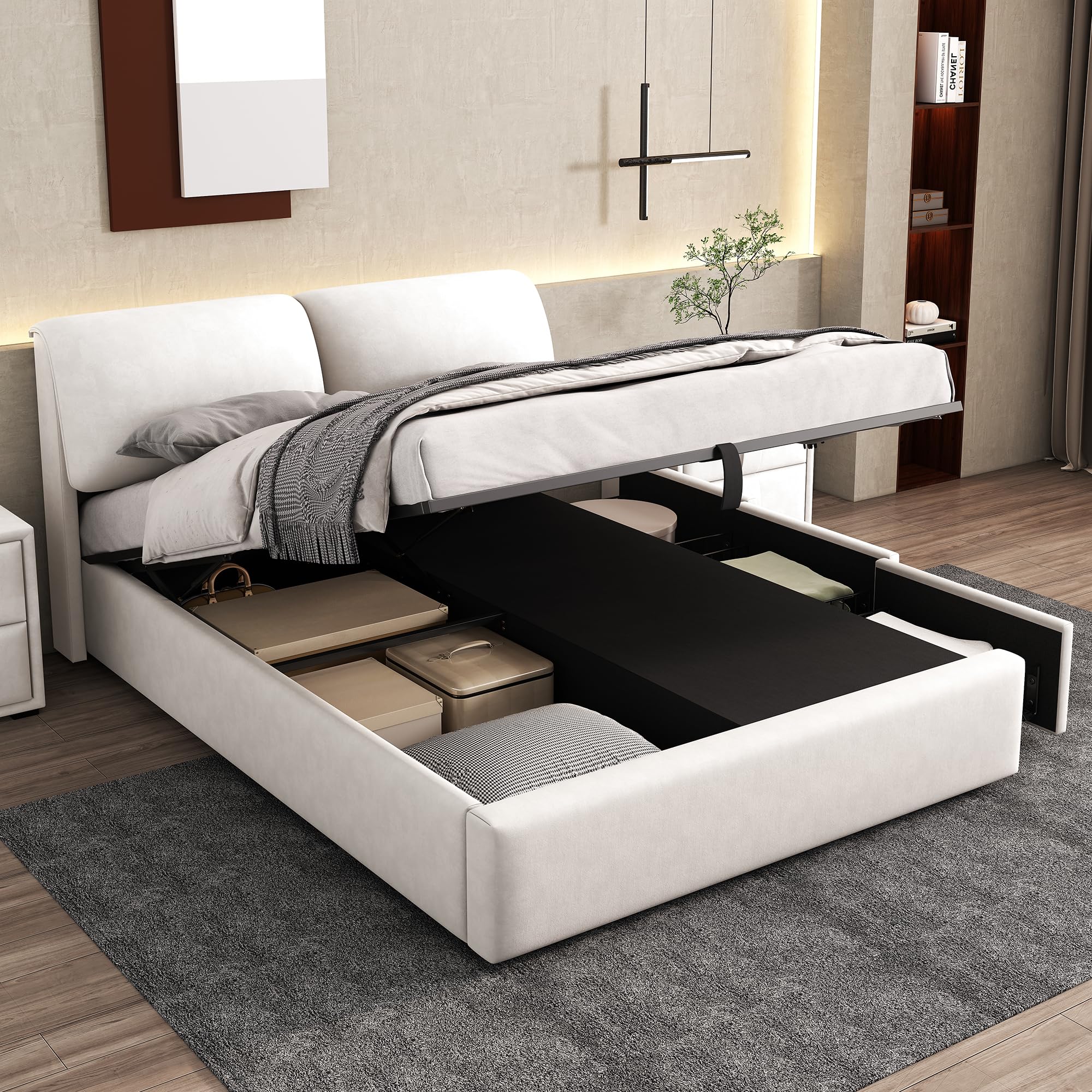 Sapgaks Lit Coffre 140 x 190 avec sommier à Lattes et Trois tiroirs,Cadre de lit 1 Personnes140 x 190 avec Rangement et tête de lit,sans Matelas,Velours,Beige