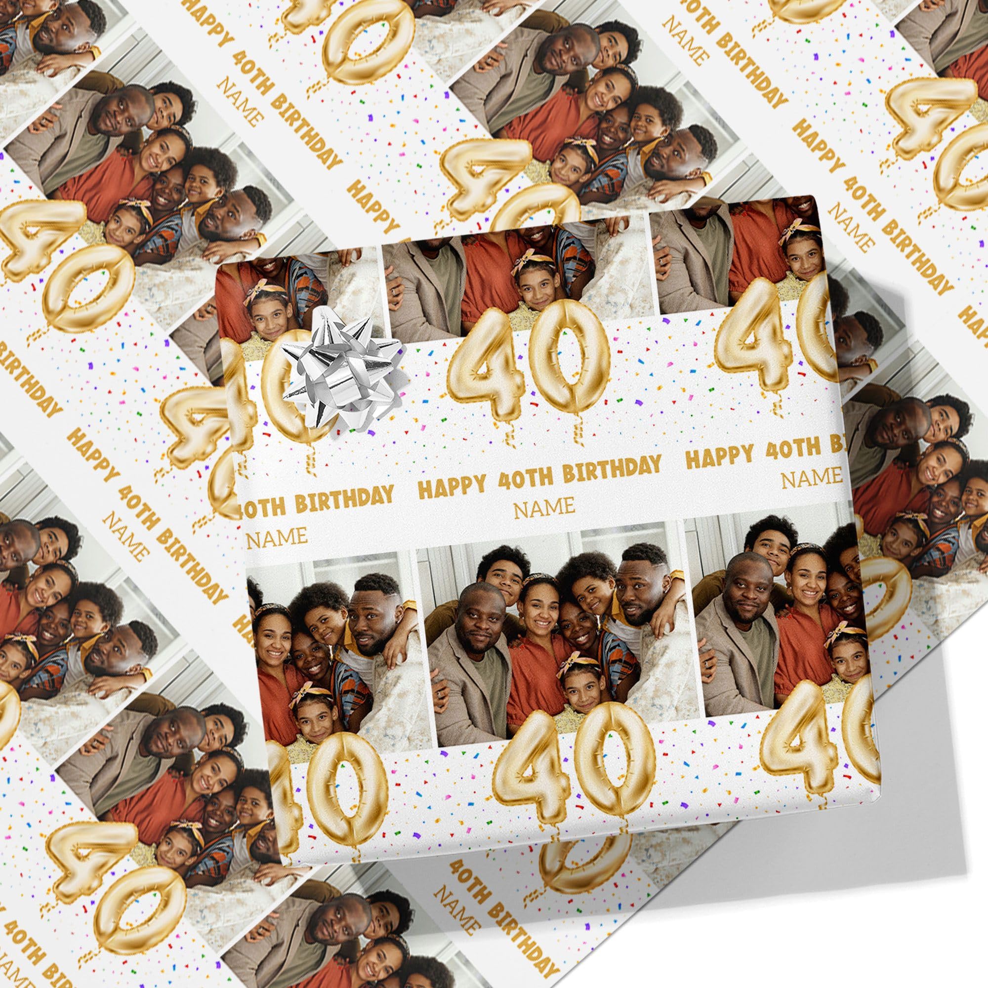 40th Milestone Birthday Balloons Personalised Wrapping Paper - Add Any Name and Photo-40-2m Roll - 594mm x 2000mm