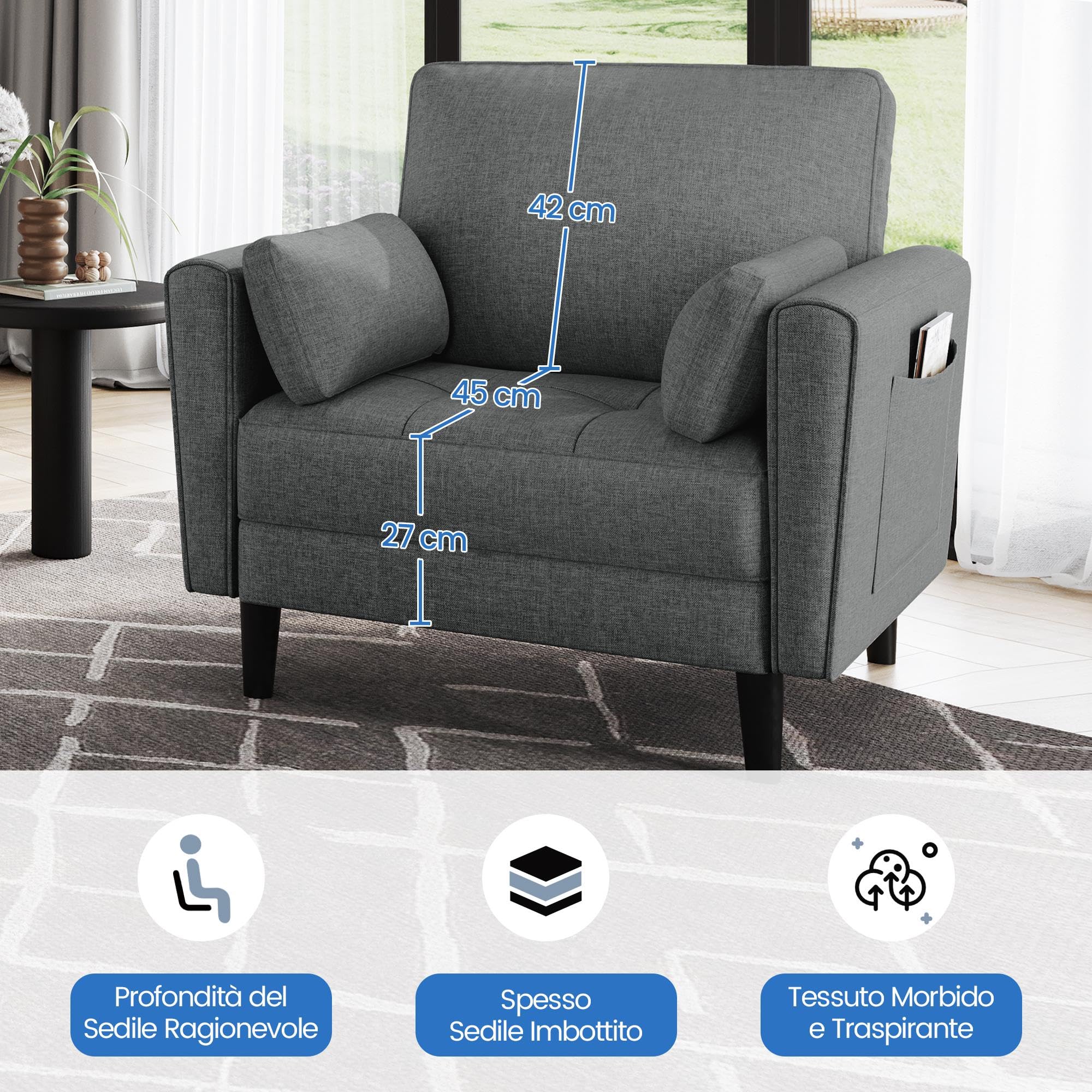 Yaheetech Divano Singolo da Salotto Divanetto Moderno con Cuscini Schienale Divano a 1 Posto in Tessuto Poltrona da Soggoirno con Braccioli 102,5 × 75 × 85,5 cm Grigio Scuro/Tela