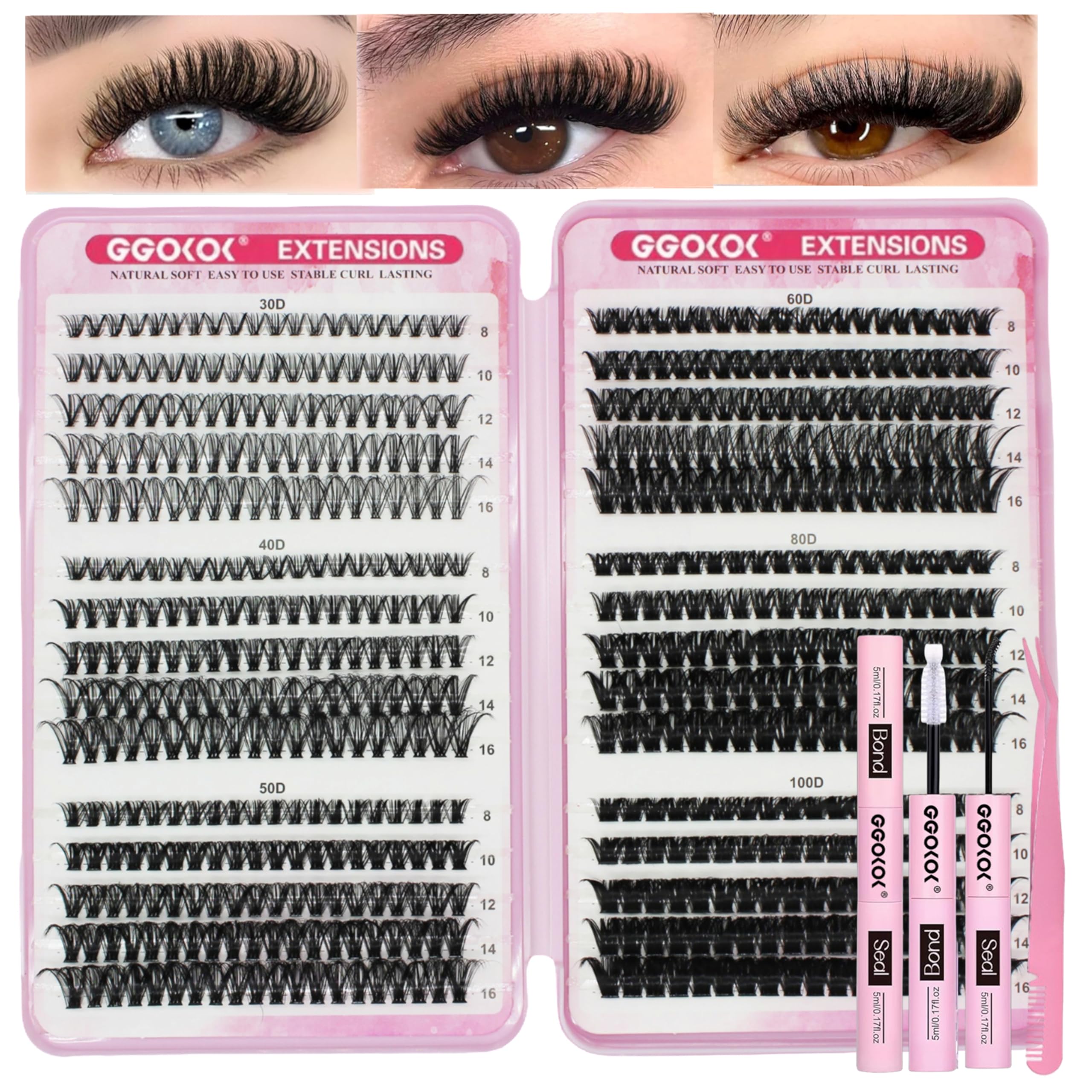 GGOKOK DIY Lash Clusters Kit 30D+40D+50D+60D+80D+100D Fluffy Volume 8-16MM Thick Eyelash Extension Kit Individual Lash Bond and Seal Lash Tweezers(30D-100D,Kit)