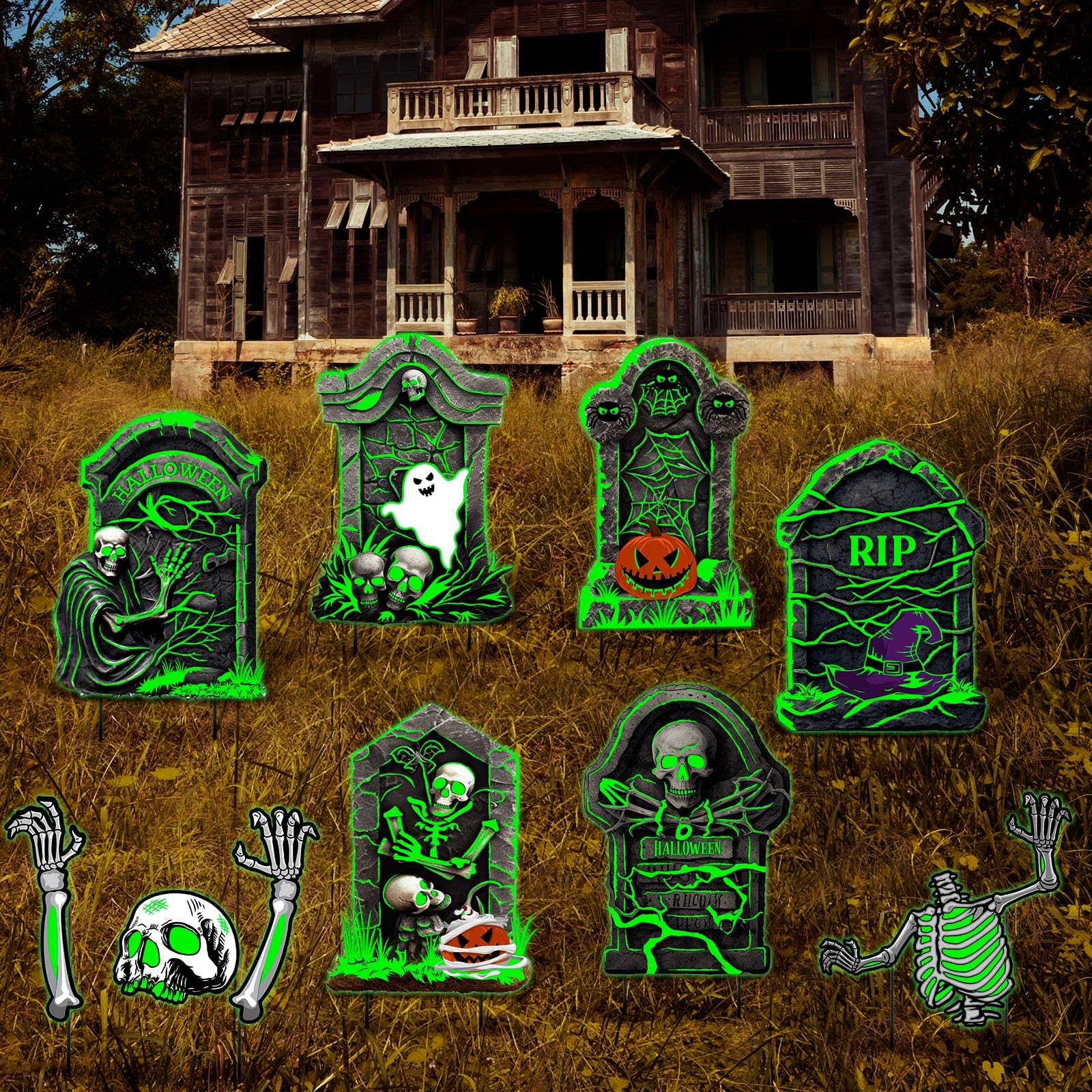 Ceenna 8 Pieces Halloween Decor Outdoor Yard Sign Glow in the Dark Yard Sign Tombstones Skeleton Pumpkin Spooky Cat Ghost Decor Halloween Yard Stakes for Graveyard Haunted House (Horror Style)