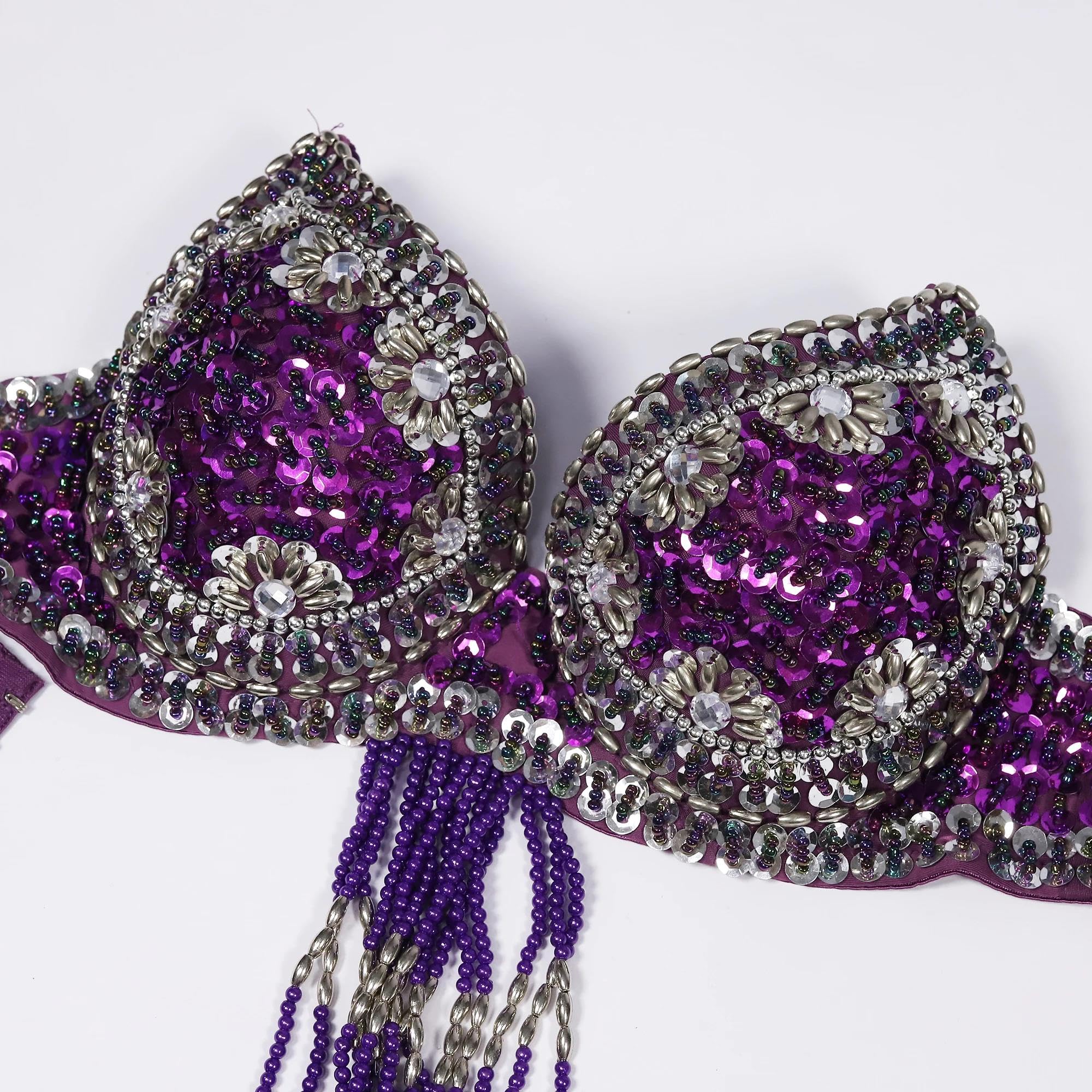 Sujetador de danza del vientre con cuentas brillantes para mujer, top corto con flecos y campanas, disfraz de festival de carnaval