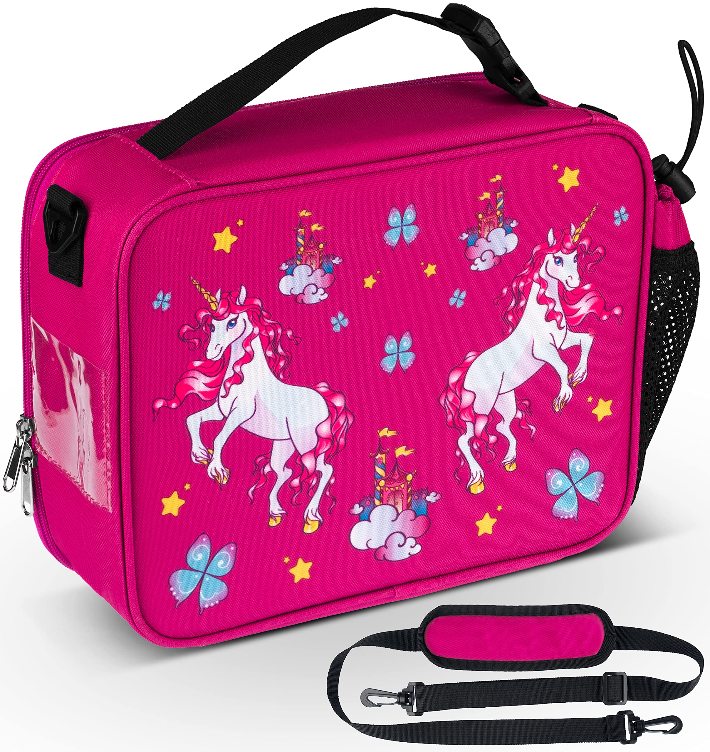 HeavenlyUnicorns Insulated Unicorn Kids Lunch Bag for Girls Child with Bottle Holder Carry Handle & Shoulder Strap