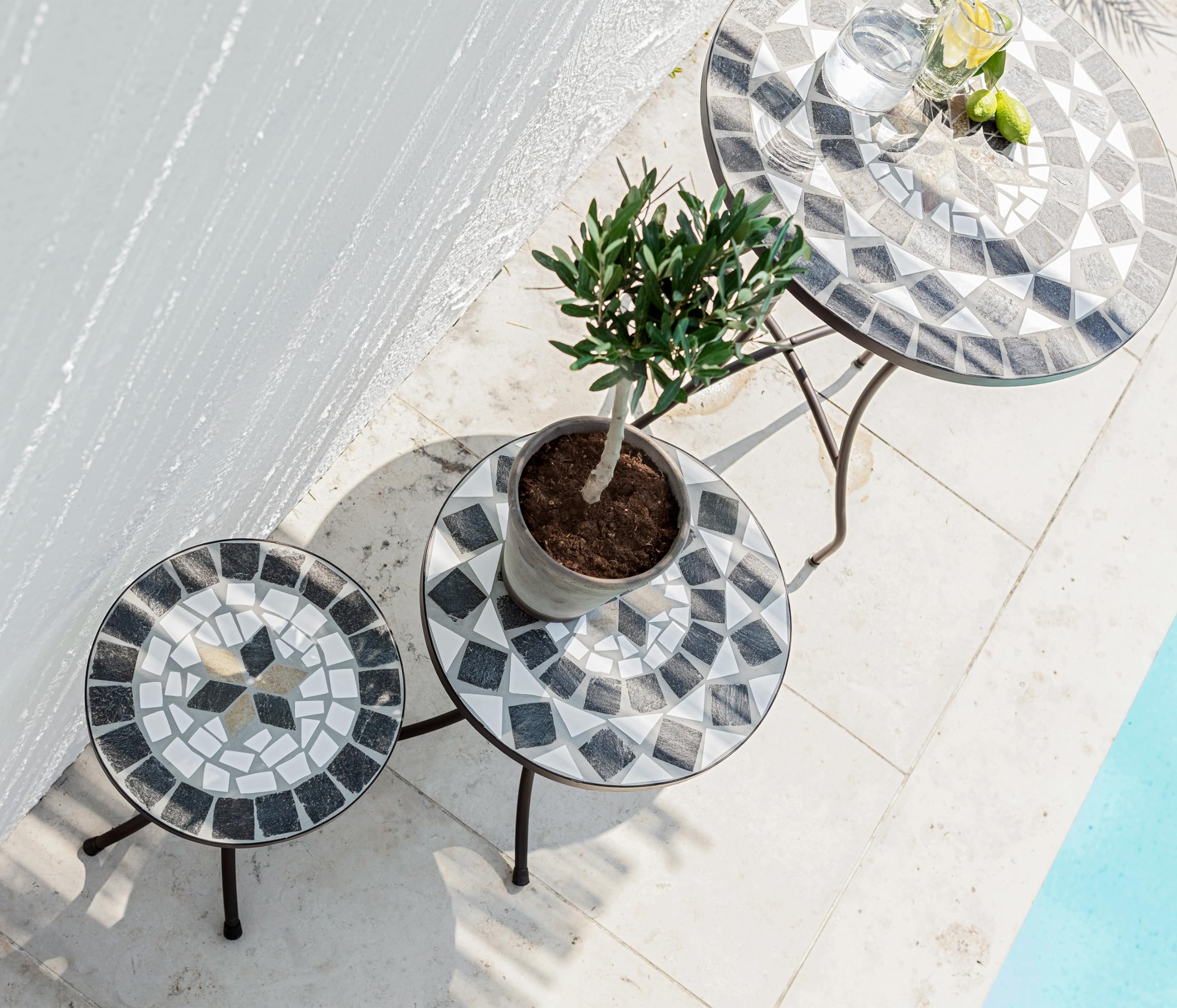 Dehner Tavolo da Giardino Diana, Ø 60 cm, Altezza 72 cm, Metallo, Effetto Mosaico, Marrone/Grigio/Bianco