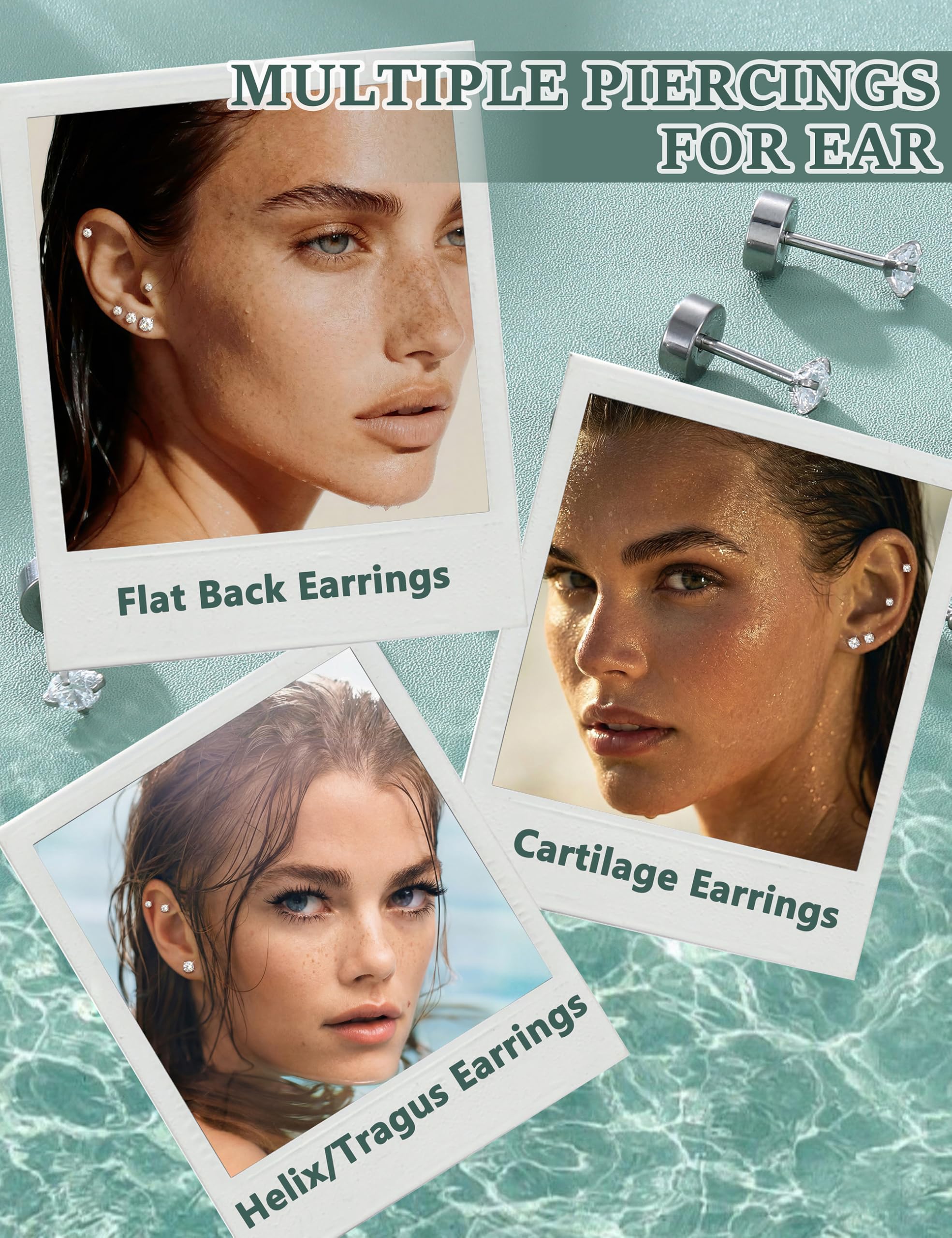 Diamday Set di Orecchini a vite con Retro 20G G23 Titanio Acciaio chirurgico Cubic Zirconia Cartilagine Piercing per donna Uomo CZ Tragus Helix Orecchini con parte posteriore piatta