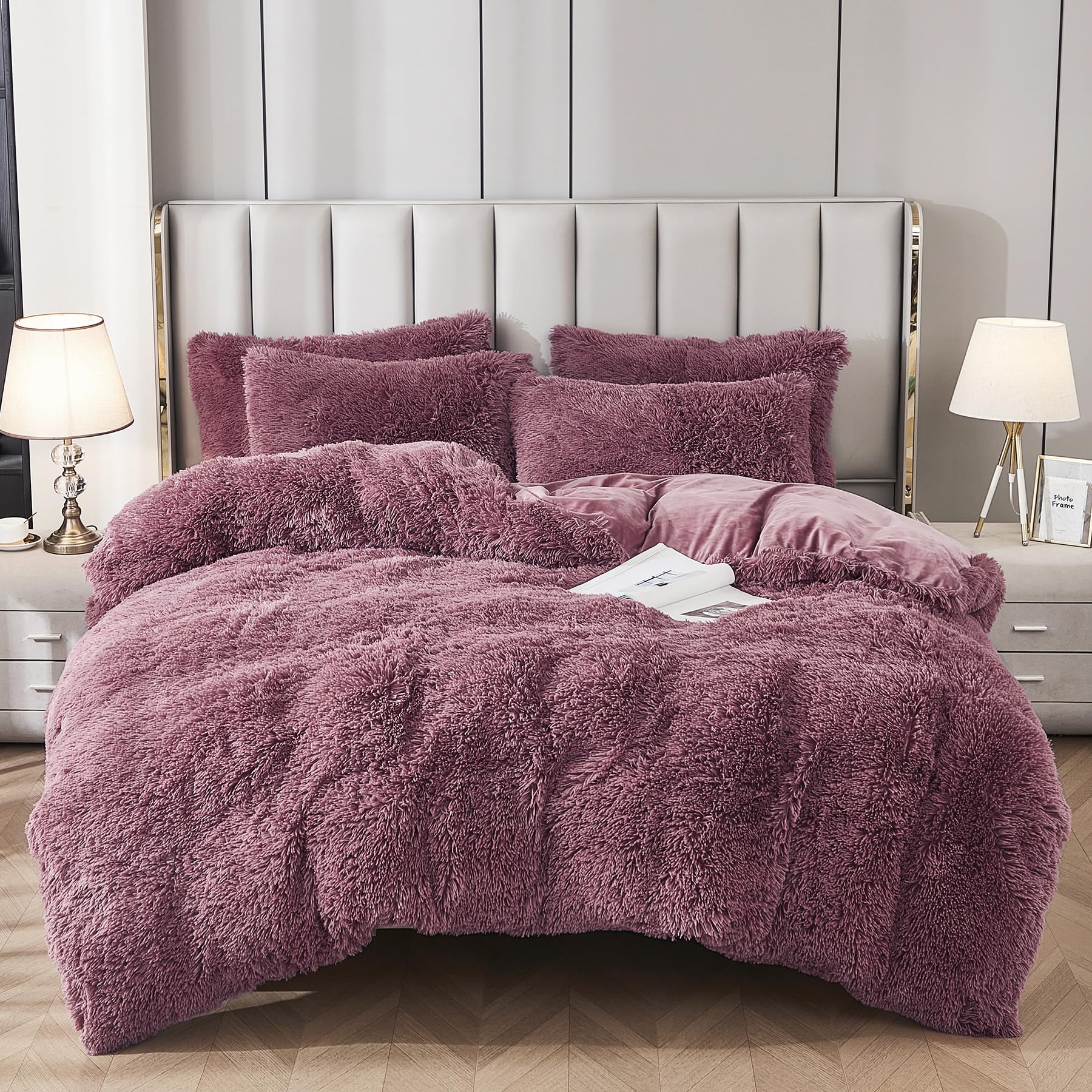 Uhamho Faux Fur Velvet Fluffy Bedding Duvet Cover Set Down Comforter Quilt Cover with Pillow Shams, Ultra Soft Warm and Luxury (Queen, Dusty Rose)