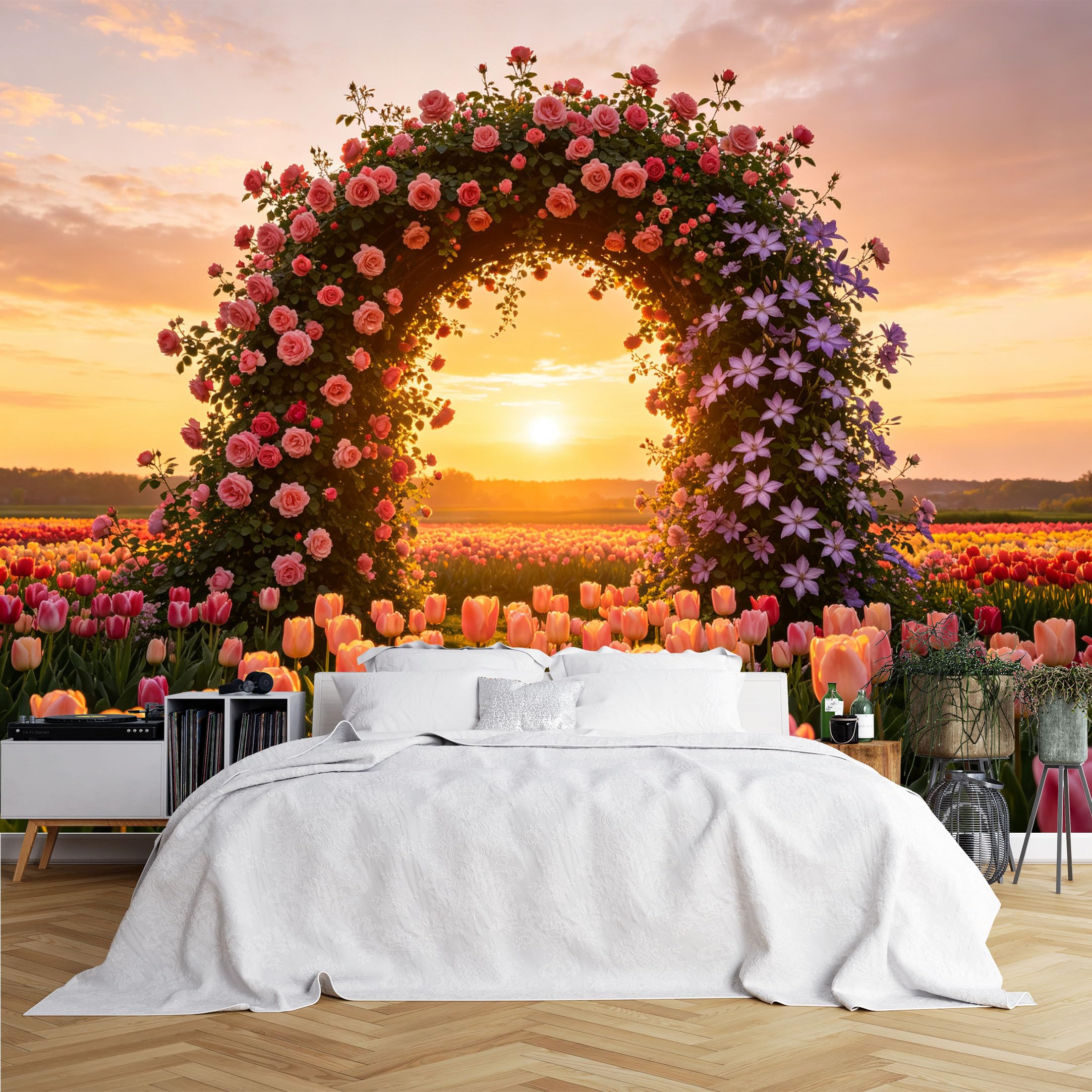 Lcythiazole Ch260615061 Custom Size Wall Murals Rose Arch Tulip Field Sunset View Wall Murals Large Photo Wallpaper Self-Adhesive Removable Wallpaper For Bedroom Living Room