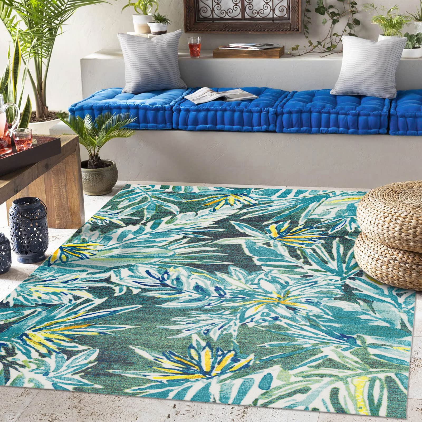 DECOMALL Outdoor Rugs for Patio Deck Porch Balcony Backyard, Tropical Plants, Multicolored 3' 6" x 5' 6"
