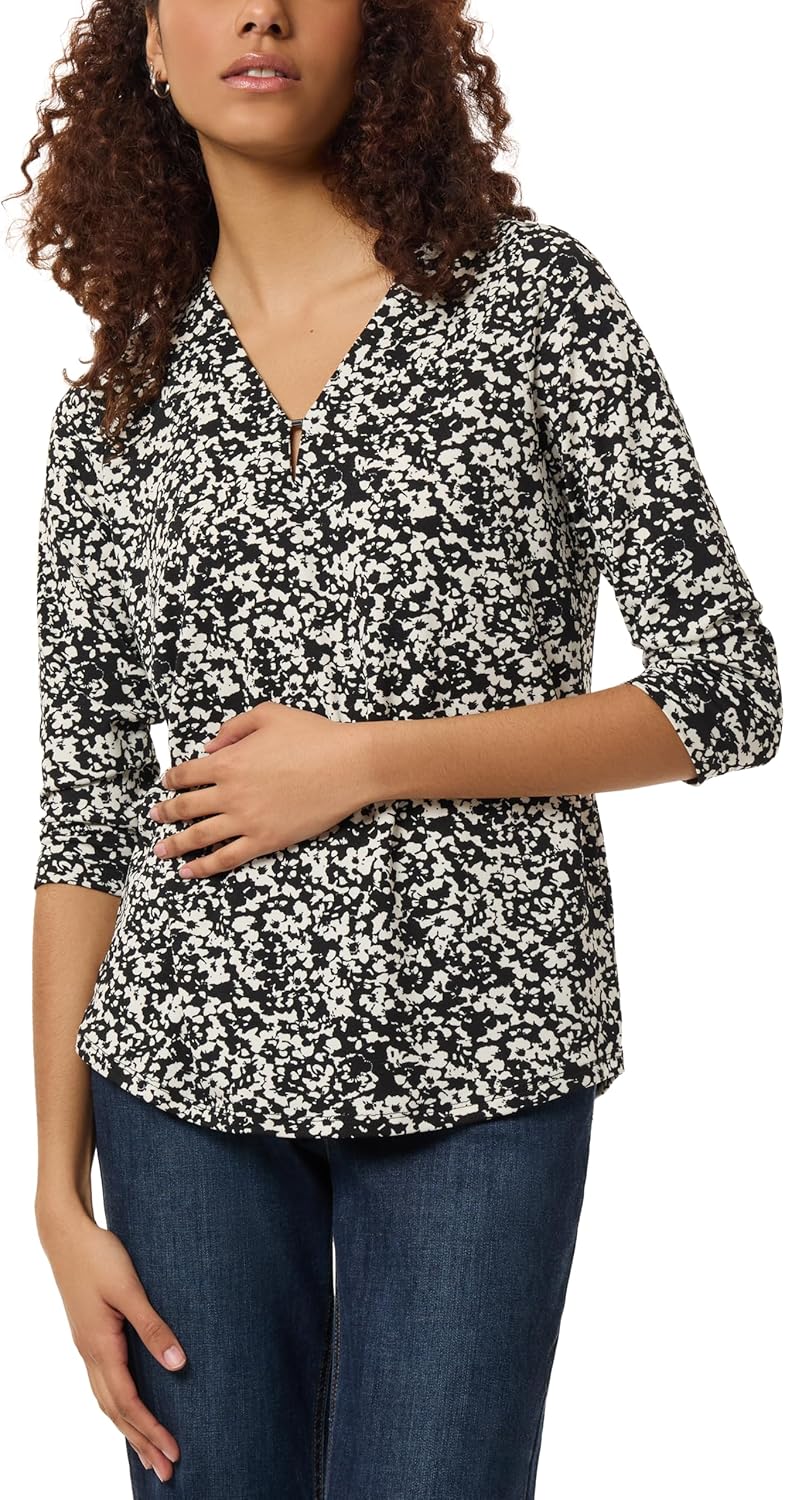 Jones New York Womens 3/4 Sleeve Printed V-Neck Top
