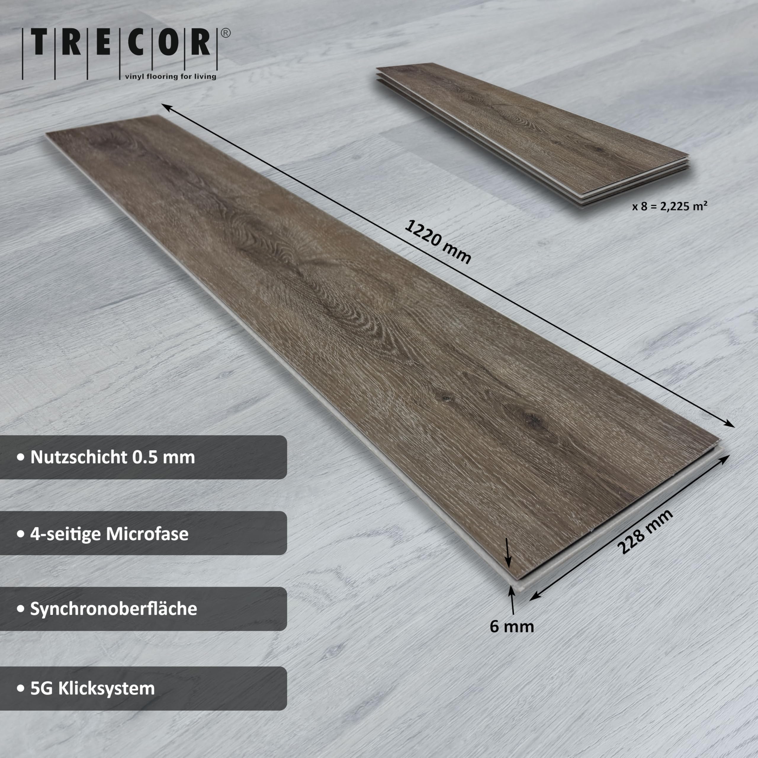 TRECOR Winylowa/LVT winylowa designerska podłoga winylowa z litego drewna o grubości 5 mm z warstwą użytkową 0,5 mm – kupujesz 1 m² – wodoodporna (dąb premium, brązowy, 1 m², podłoga winylowa)