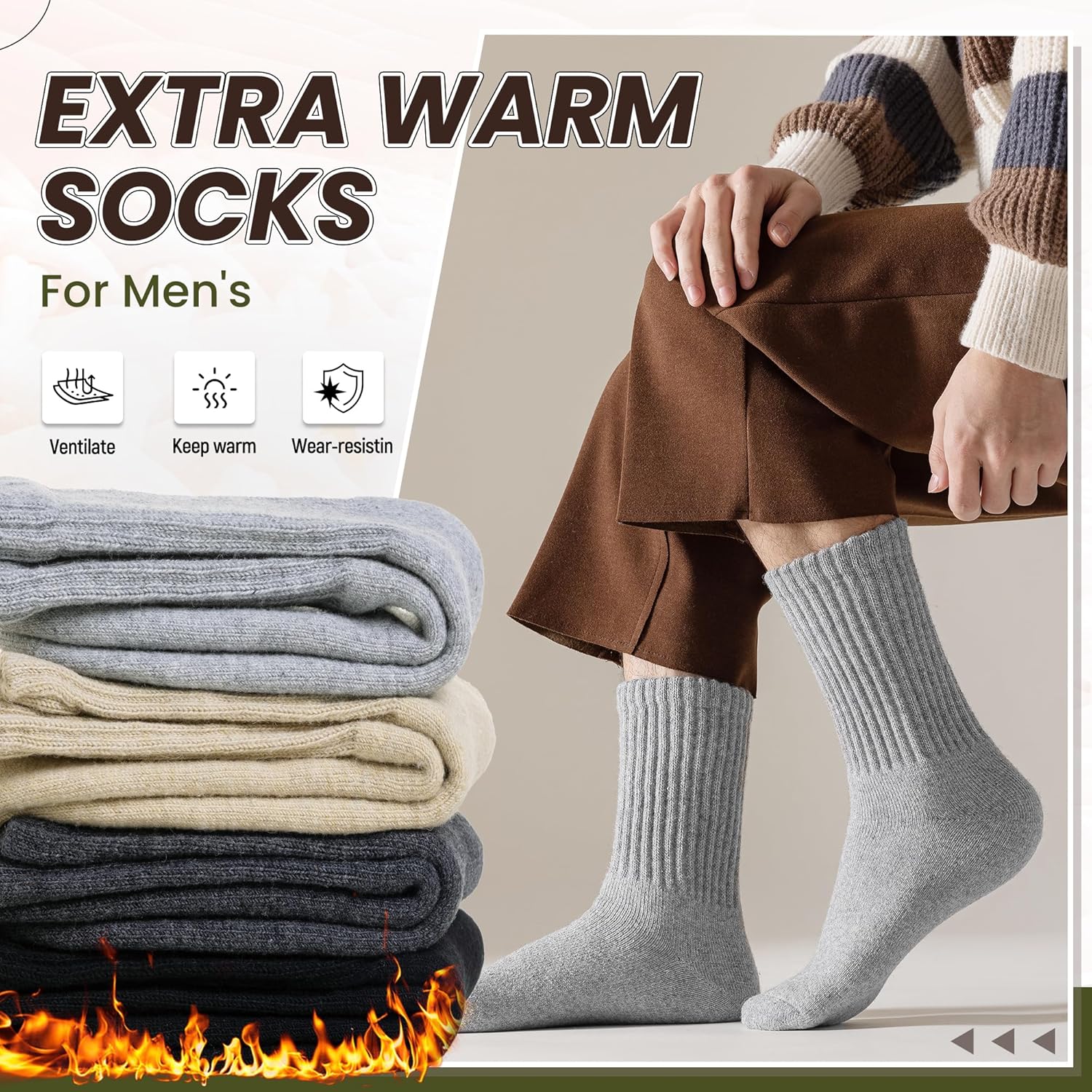 Eyean Men Merino Wool Socks Thermal Hiking Winter Ski Warm Thick Cozy Boot Socks 4 Pairs - Image 2