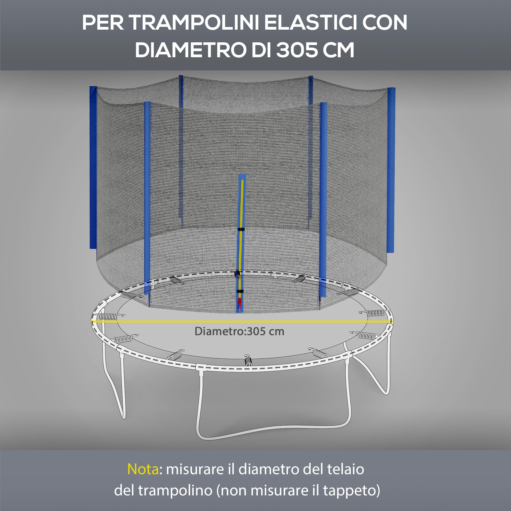 SPORTNOW Rete di Protezione per Trampolini Elastici a 6 Pali con Ingresso con Cerniera, Rete Protettiva per Trampolini in PE, Ø305x180 cm, Nero e Blu