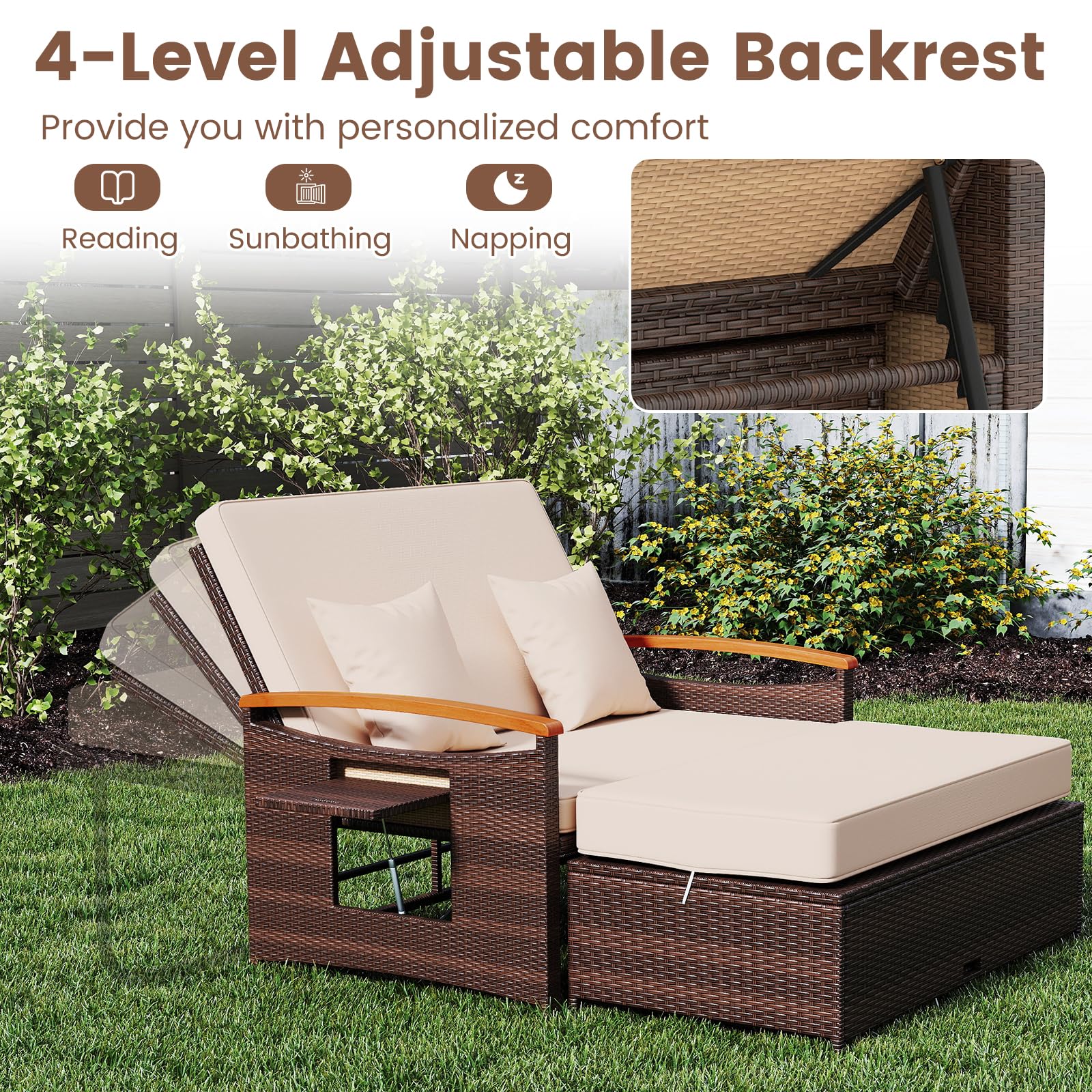 GIANTEX Divano da Giardino in Rattan a 2 Posti con Funzione Allungata, Set di Mobili in Rattan con Sgabello, Doppia Sedia a Sdraio per 2 Persone, 3 Colori (Cuscino Beige)