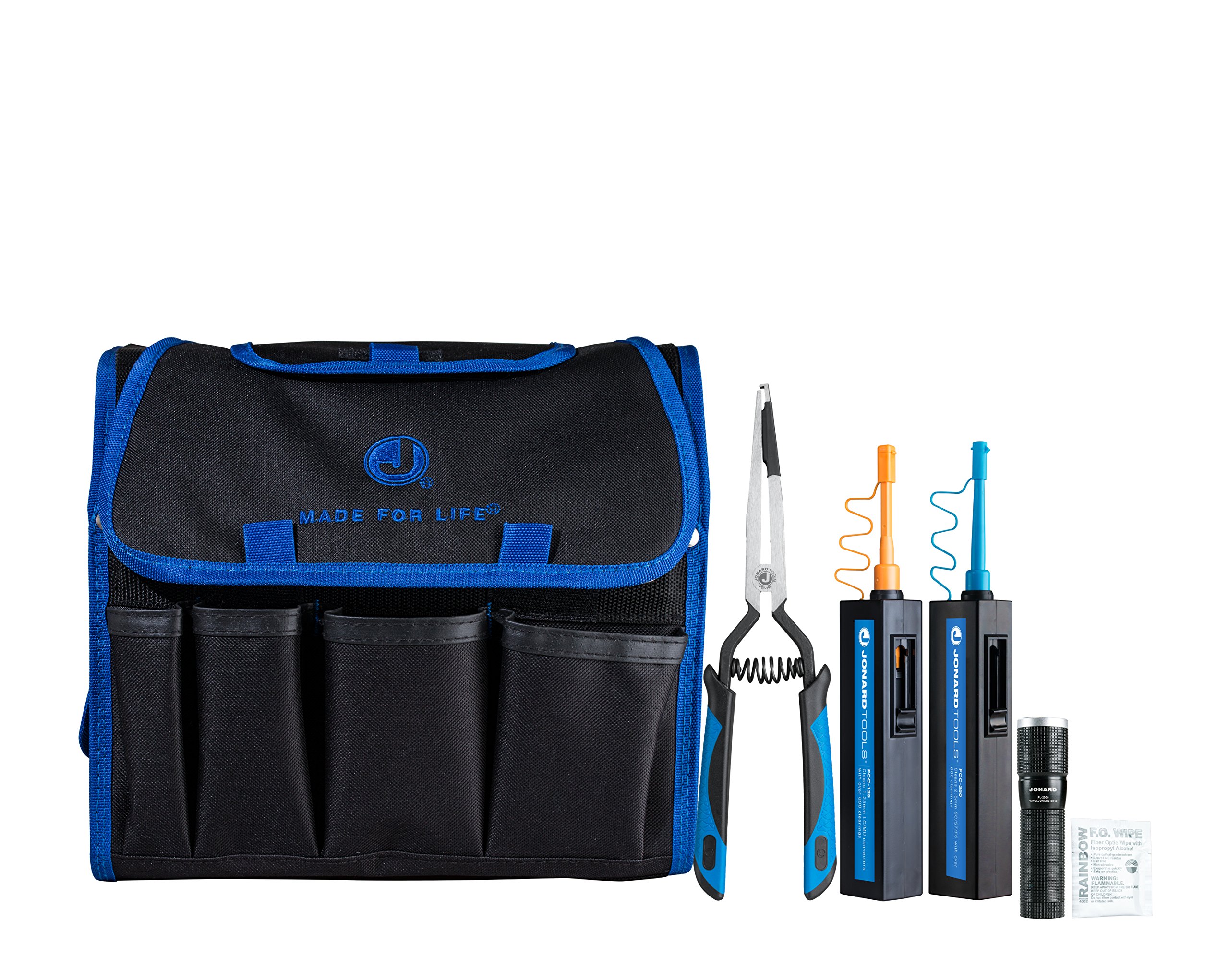 Jonard Tools TK-186 Fiber Optic Connector Cleaning Kit with Cleaners, Insertion/Removal Tool, Wet Wipes, LED Flashlight, and Carrying Case