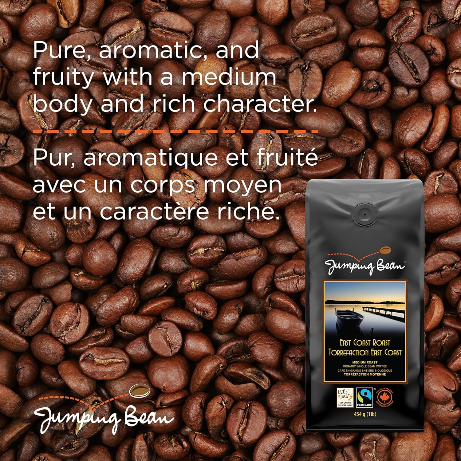 Jumping Bean Organic East Coast Roast Whole Bean Coffee, 454 GR