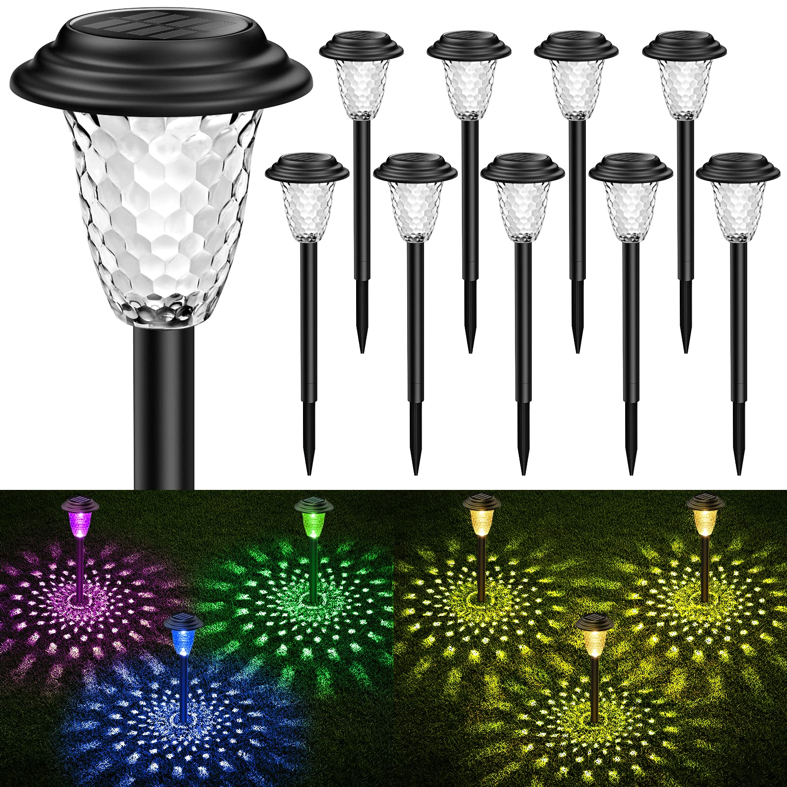 E-Kong 10 Pack Solar Pathway Lights Outdoor Waterproof, Color Changing/Warm White LED Solar Outdoor Lights, Landscape Lighting Solar Powered Garden Lights for Patio, Lawn, Yard, Garden Decor