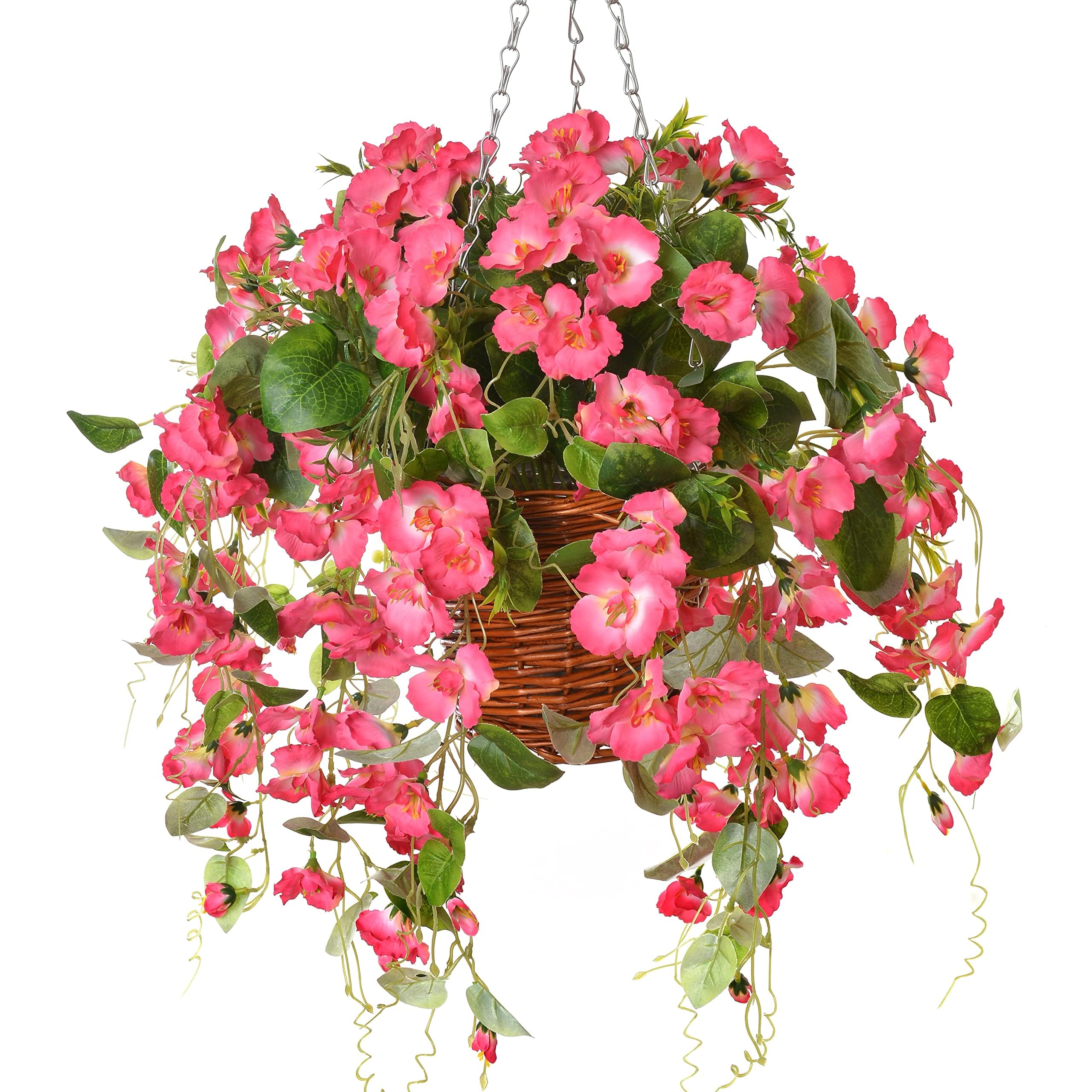 Artificial Fake Hanging Flowers Plants Baskets for Outdoor Spring Summer Decoration, Faux Silk Pink Hibiscus Long Vines in Planter UV Resistant Realistic for Home Porch Outside Garden Yard Patio