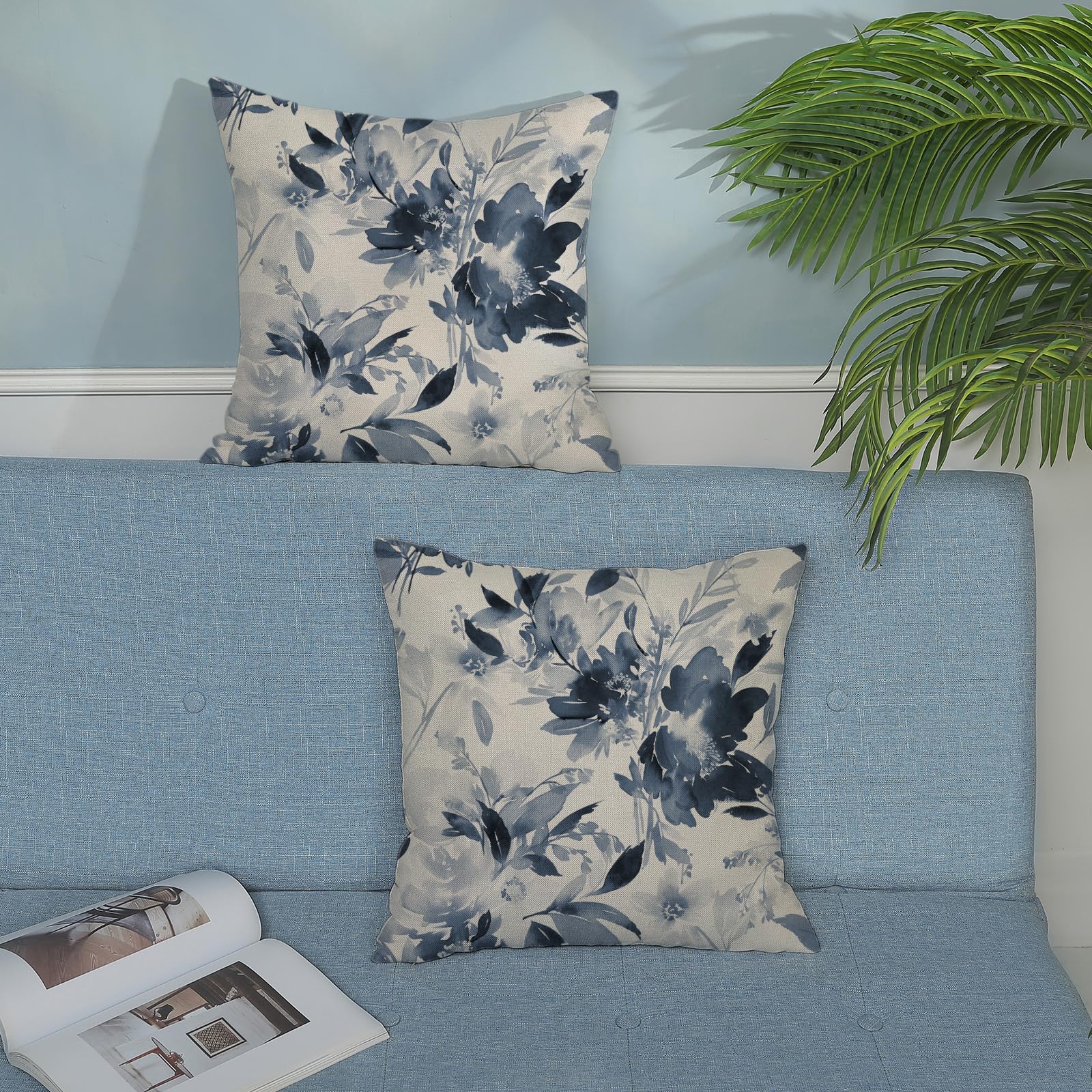 Blue Floral Throw Pillow Covers - Watercolor Flowers, Farmhouse Style, 18x18 Inch (Set Of 2)