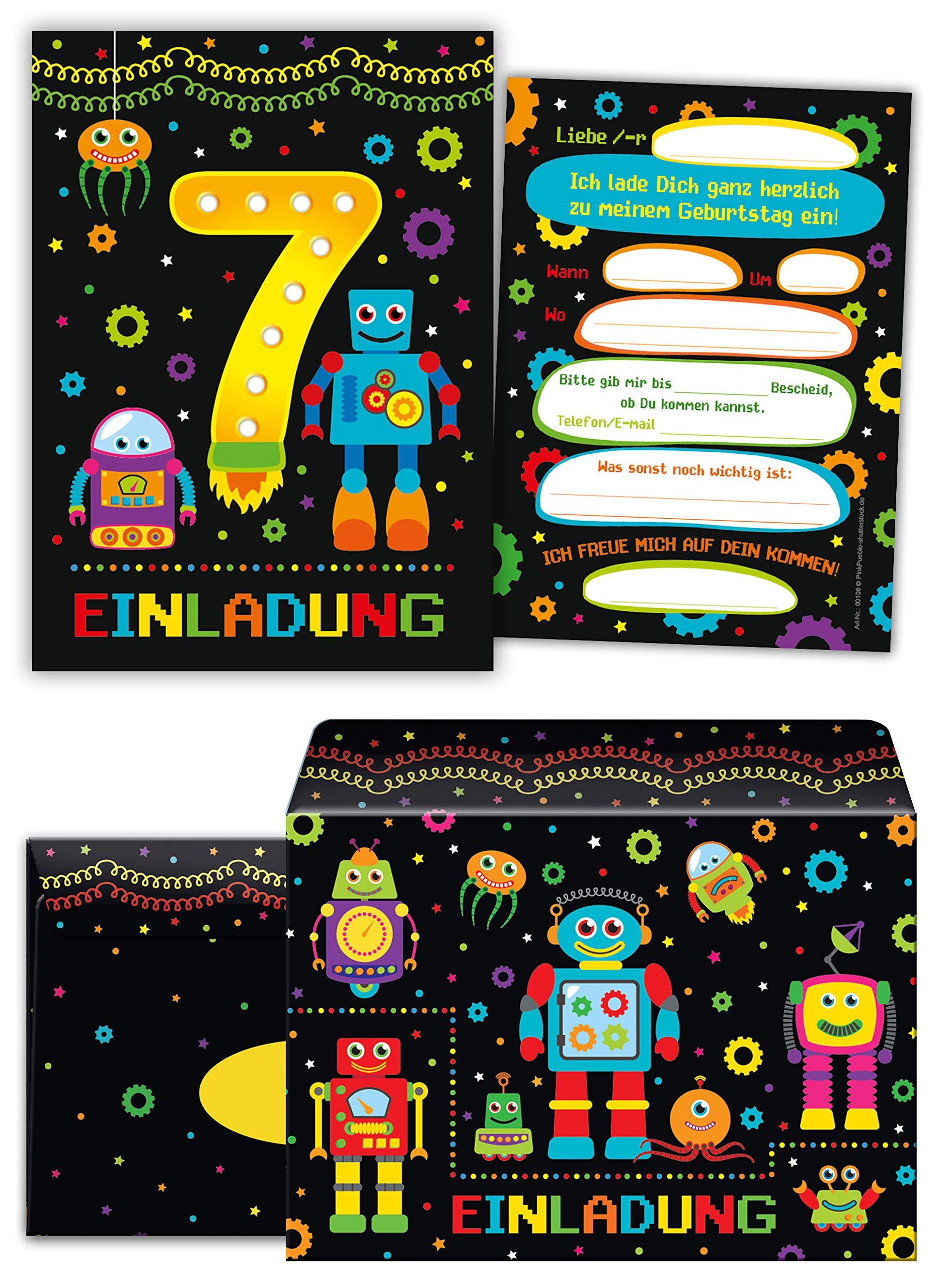 Junaversum 12 Einladungskarten incl. 12 Umschläge zum 7. Kindergeburtstag siebte Geburtstag Jungen Jungs Robot Roboter