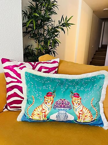 Miniatura 4 de Funda de almohada con patrón de gato amarillo, almohada de terciopelo turquesa, cojín de borla beige, almohada decorativa para decoración del hogar,