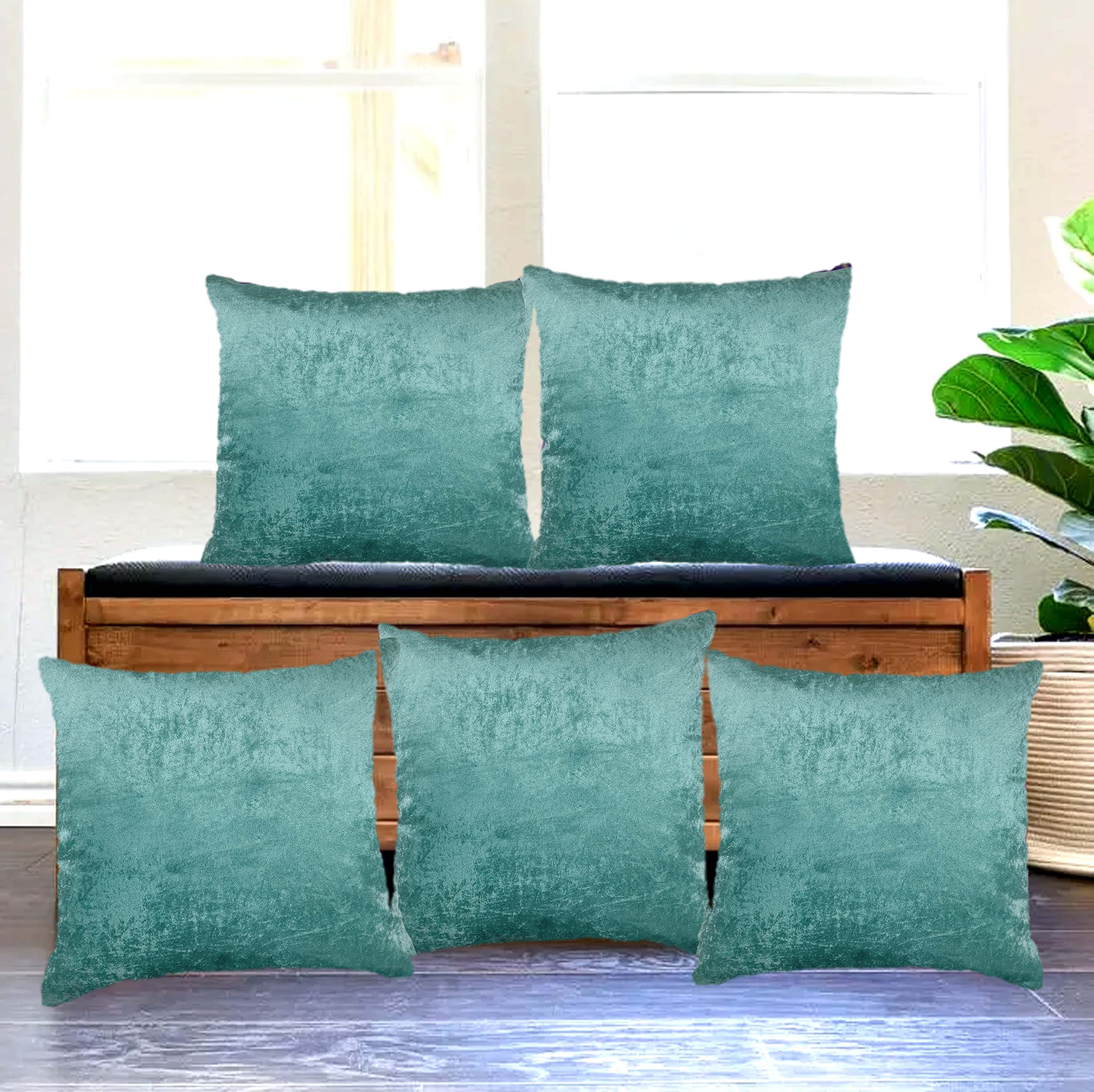 MJ HOMES Sparkle Plain Velvet Cushion Cover, Set of 5 (18x18 Inch Or 45x45 cm)-Blue.-image-45
