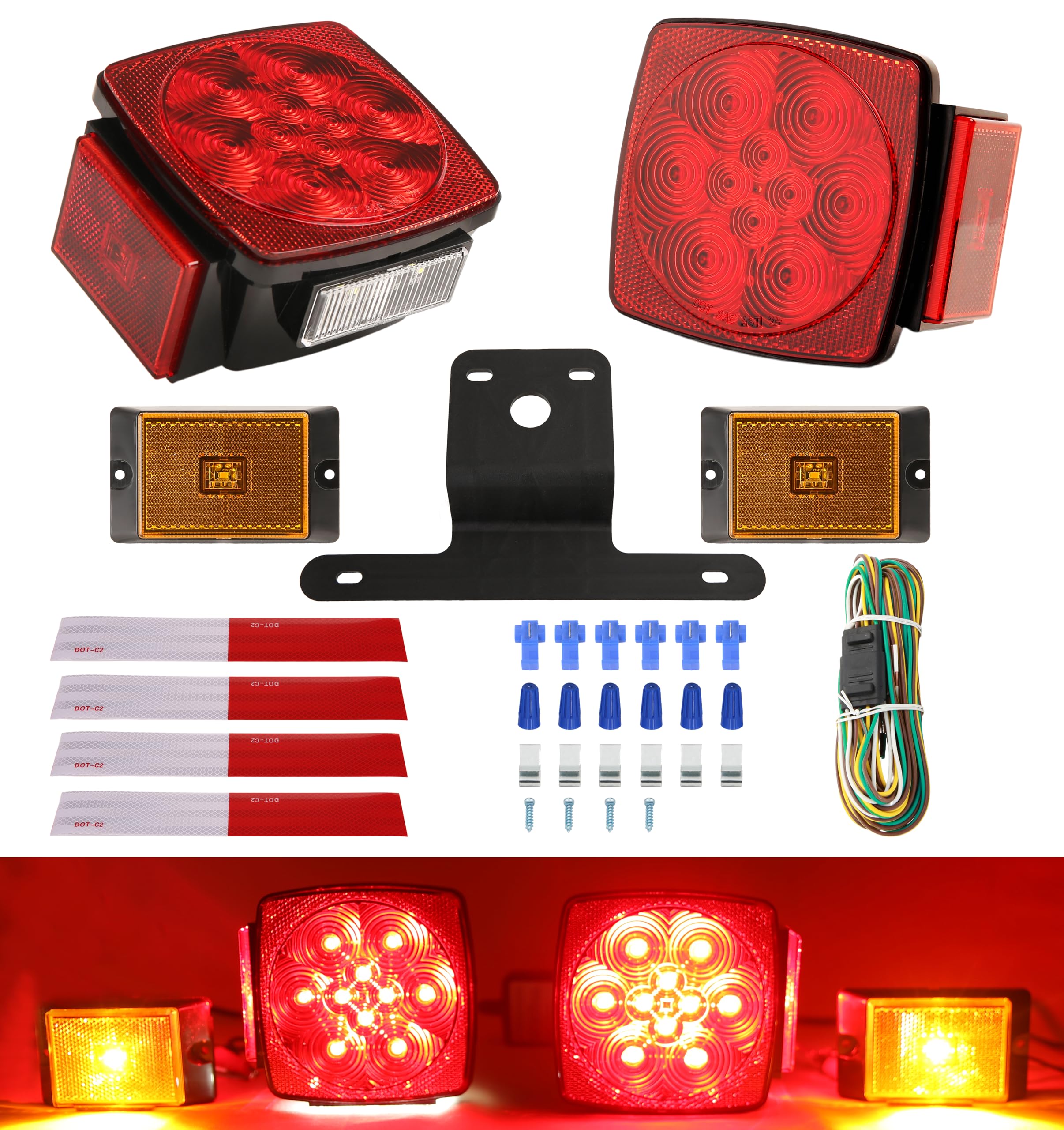 PEAKTOW Deluxe 12V LED Submersible Trailer Light Kit, Brake, Stop, Turn, Tail, License Plate Lights, IP68 Waterproof, DOT Compliant. PTL0108