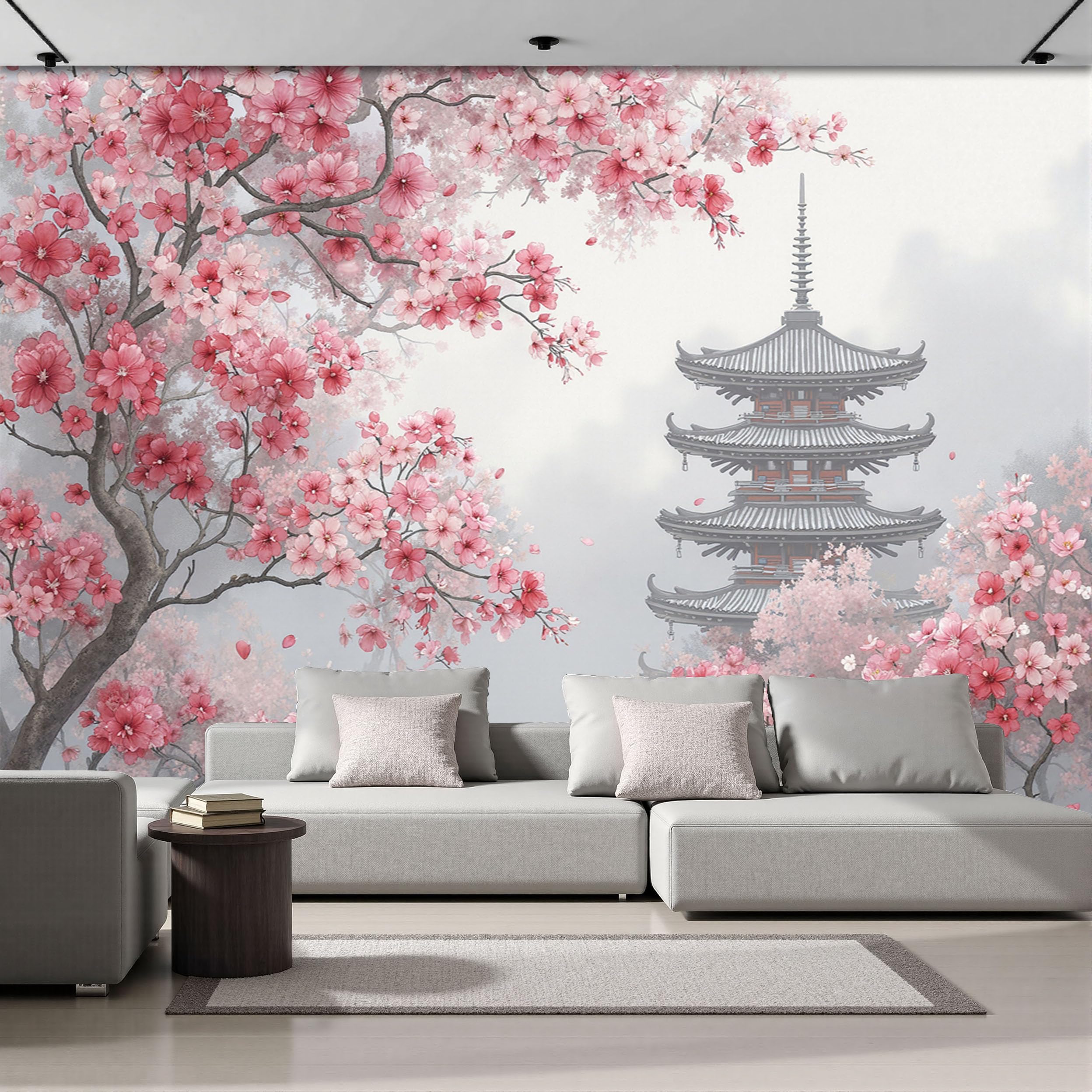 Papier Peint Pagode Fleurs de Cerisier Effet Peinture à l'Encre Haut de Gamme