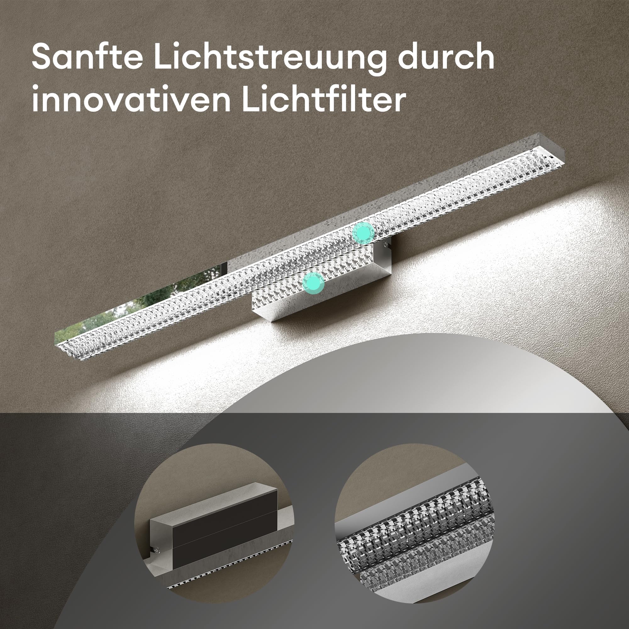 Mai & Mai Spiegelleuchte Bad 60cm LED Spiegellampe Badezimmer Badlampe | 6000K Wandleuchte Badezimmer, 14W Badezimmerlampe für Spiegel, klare Kaltweiß Lampe, Chrom, Leuchtschein