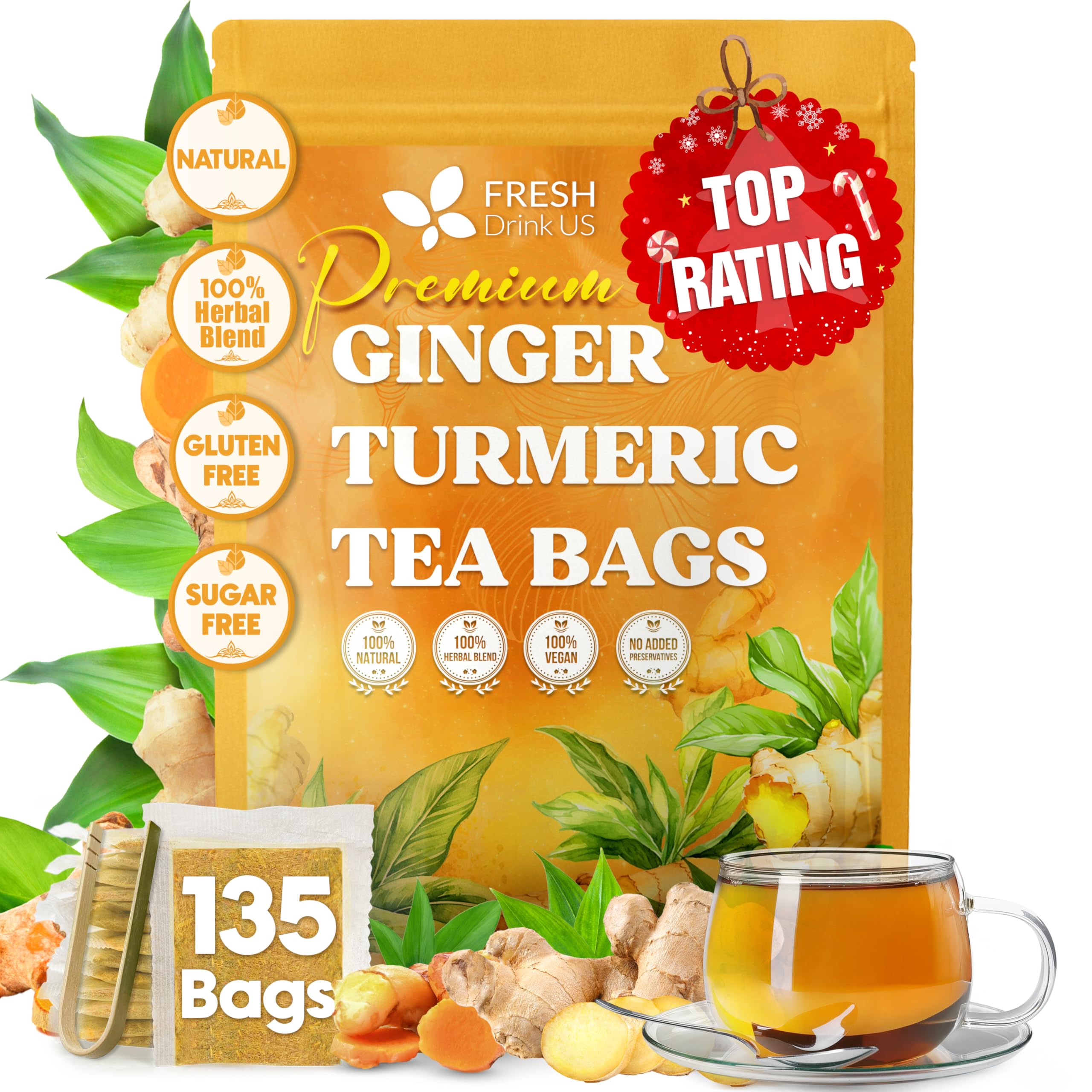 Premium 135 Turmeric Ginger Tea Bags, 100% Natural Ingredients, Hand-made Blend of Turmeric and Ginger Herbal Tea, Eco-conscious Tea Bags. No Sugar, No Caffeine, No Gluten, Vegan.