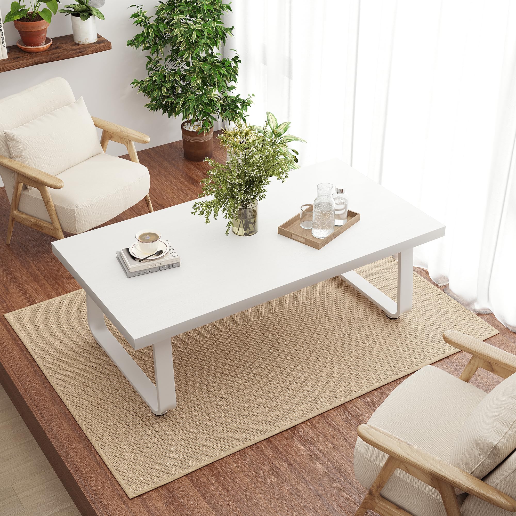 HSH Couchtisch Weiß, Wohnzimmertisch aus Holz Metallgestell, Sofatisch, Tisch, Beistelltisch, Kaffeetisch, Couchtisch Klein für Wohnzimmer, Teetisch aus Holz, Modern,Weiß 100B x 55T x 46.5H cm