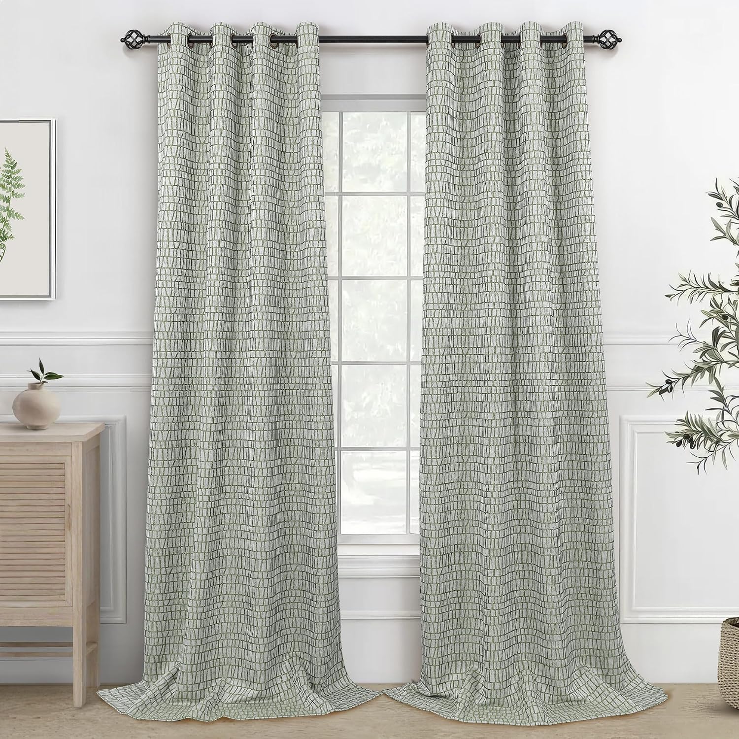 Olive Green Geometric Curtains 108 Inches Long Drapes for Living Room 2 Panels Set Grommet Print Patterned Design Room Darkening Curtains for High Ceiling Sliding Glass Door 52x108 Greyish White Green