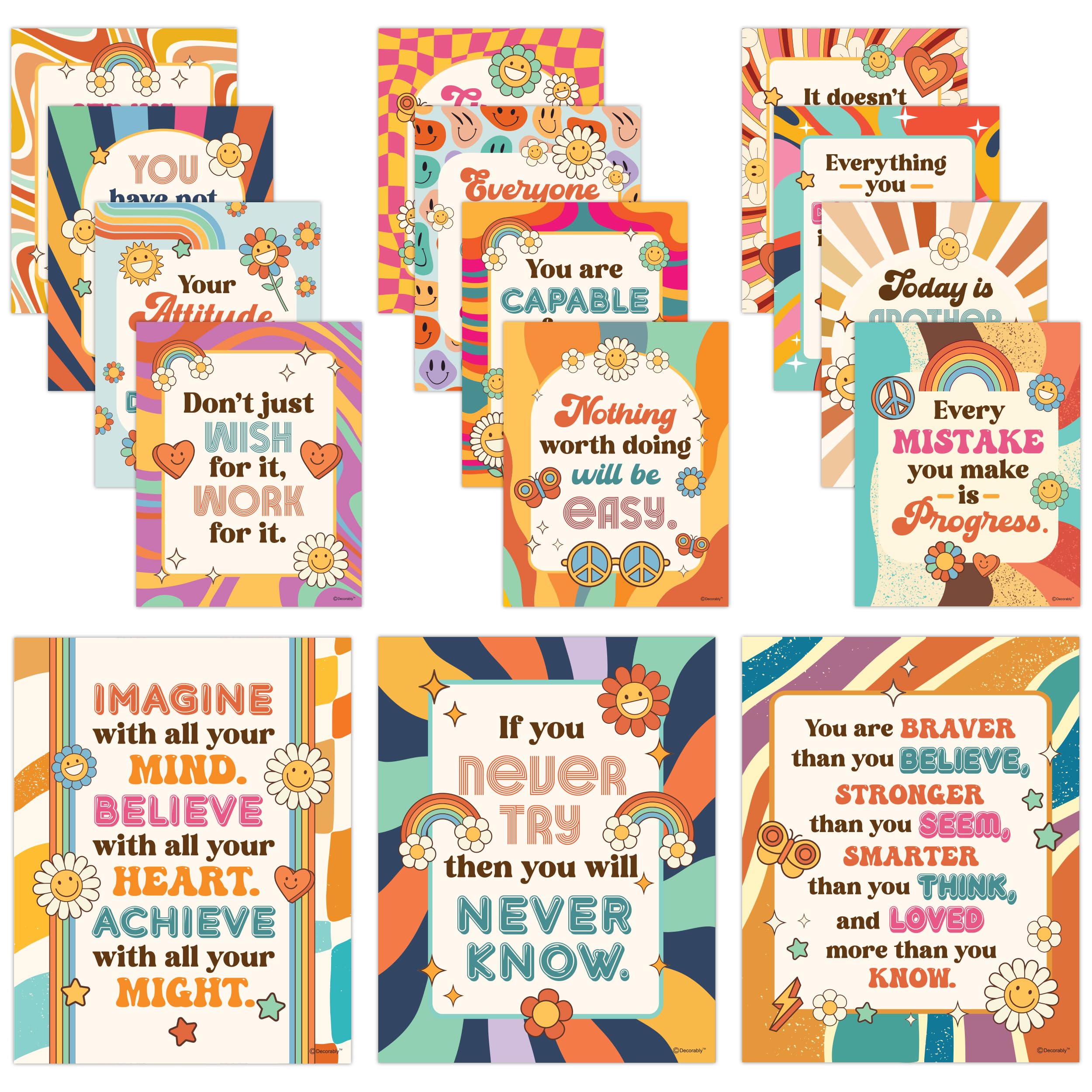 Decorably 15 Groovy Classroom Decor, 11x14in Inspirational, Matte-Laminated Motivational Posters - for School, Hallways, Bulletin Boards, Home Study Room