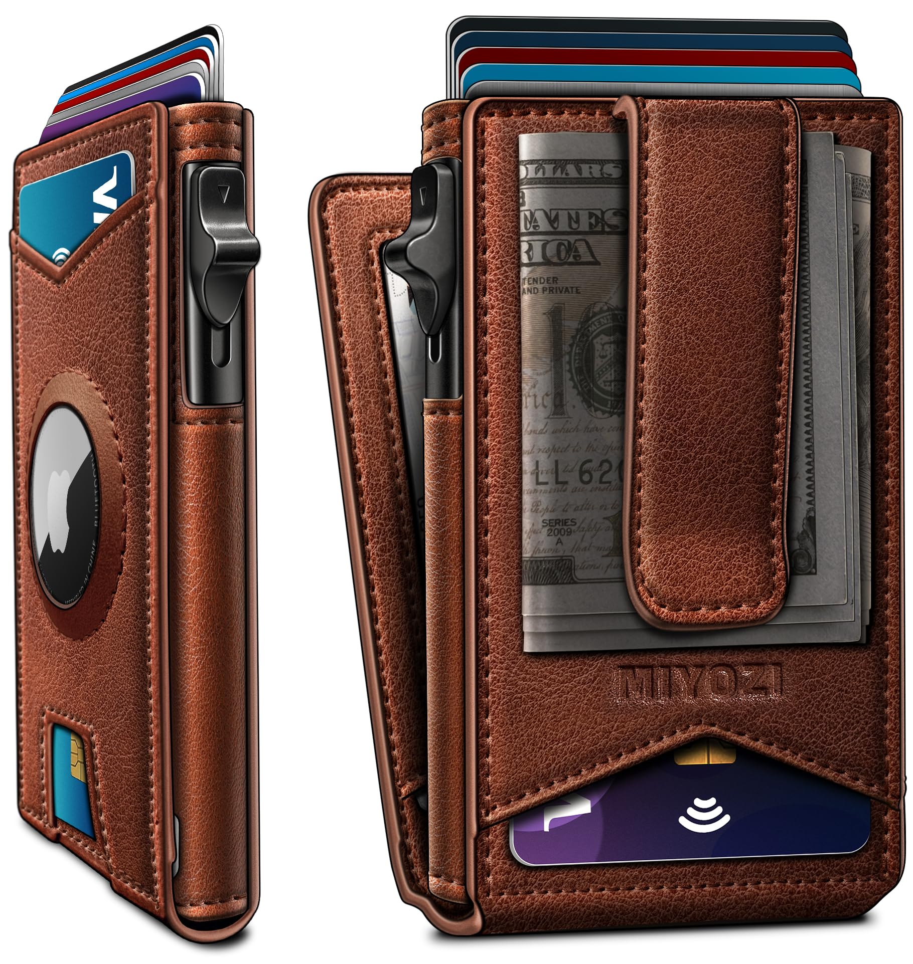 miyozi Airtag Wallet for Men Money Clip 9-Card Pop-Up Credit Card Holder with ID Window RFID Blocking Metal Case Magnetic Closure Front Pocket Wallet Gift Box