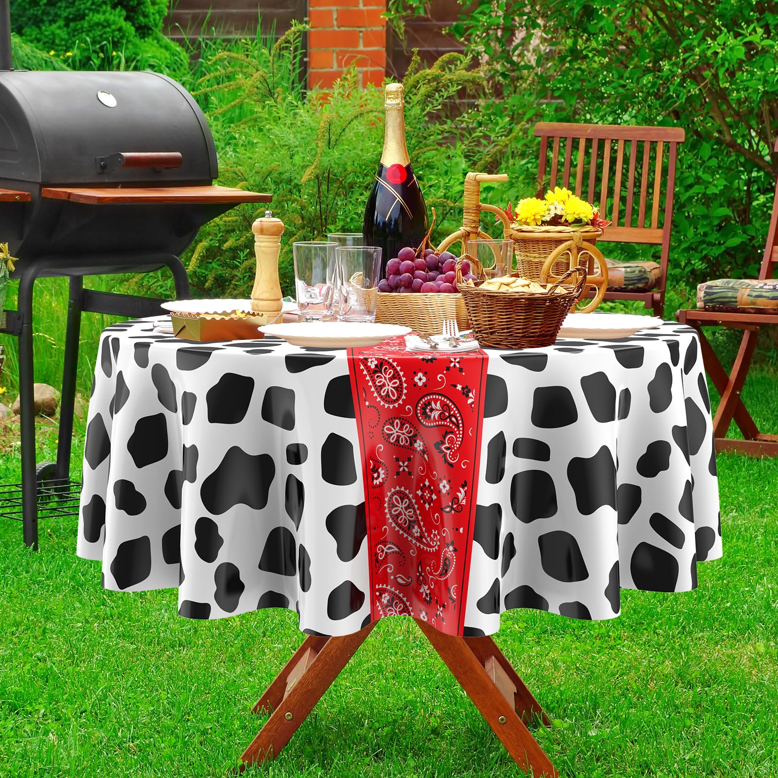 Oudain 6 manteles redondos de plástico lavable, resistente a las manchas, para picnic, camping, fiesta, Navidad, cocina, comedor, 6 piezas (rojo, blanco y negro)