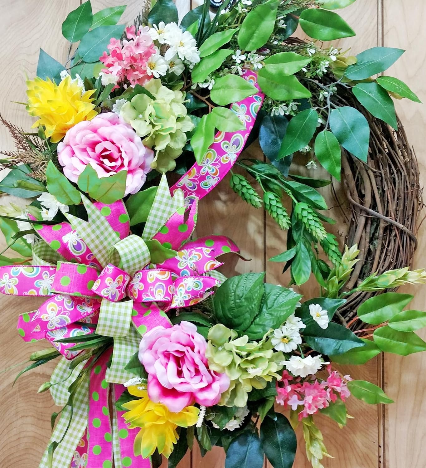 Handmade Pink Rose Grapevine Wreath Whimsical Bow